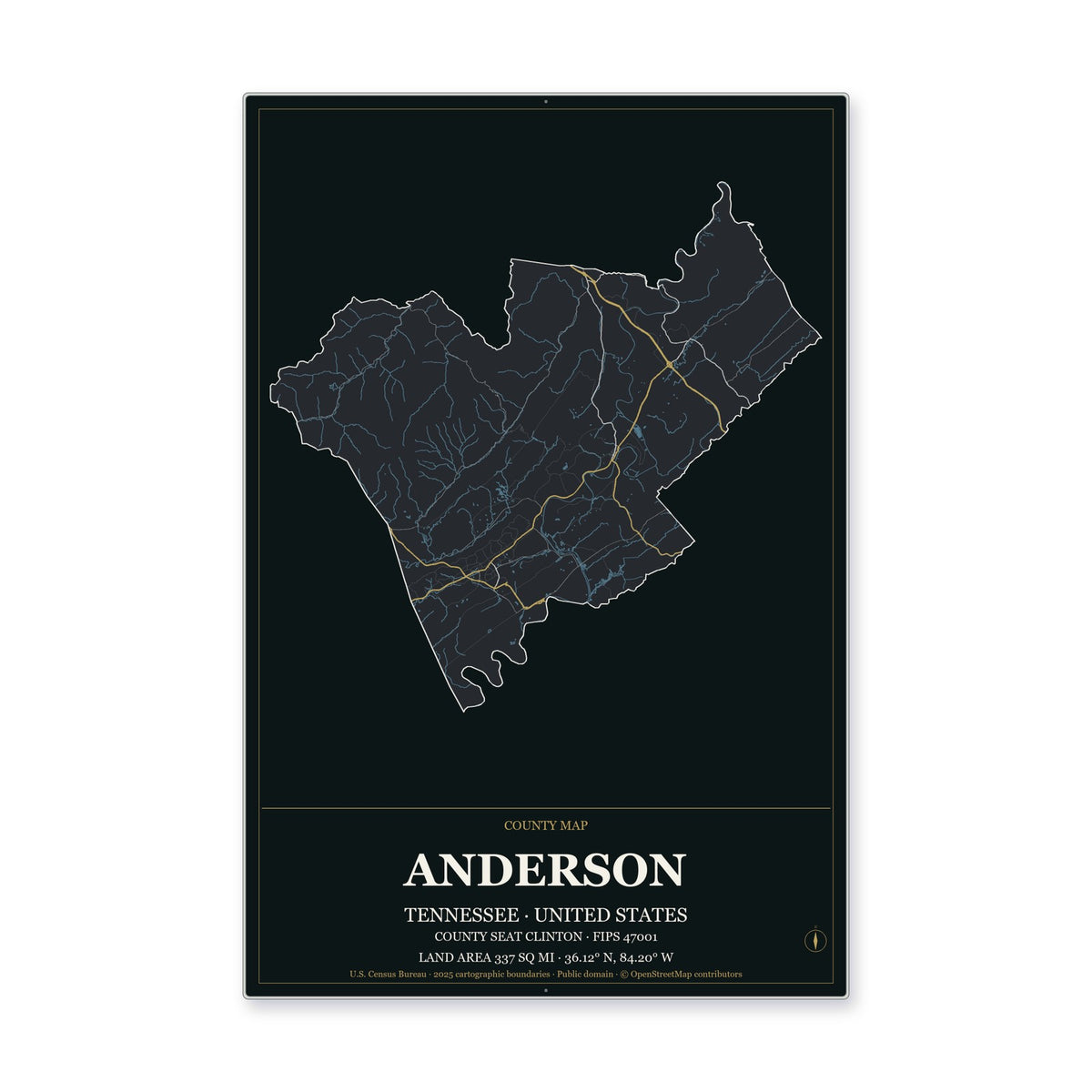 Anderson County, Tennessee Map Aluminum Sign in Metropolitan Noir style