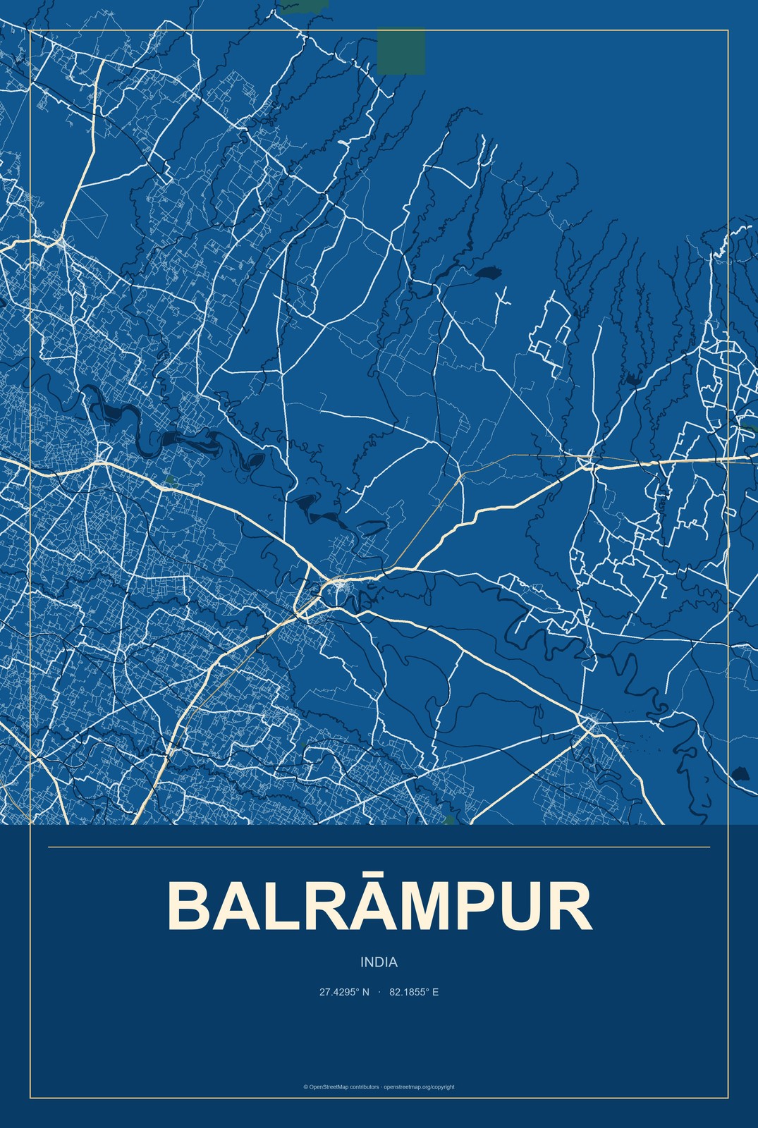 Balrāmpur, India City Map Aluminum Sign in Harbor Cobalt style