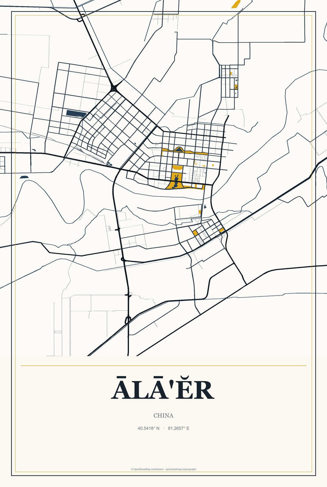 Ālā'ĕr, China City Map Aluminum Sign in Citrine Modern style