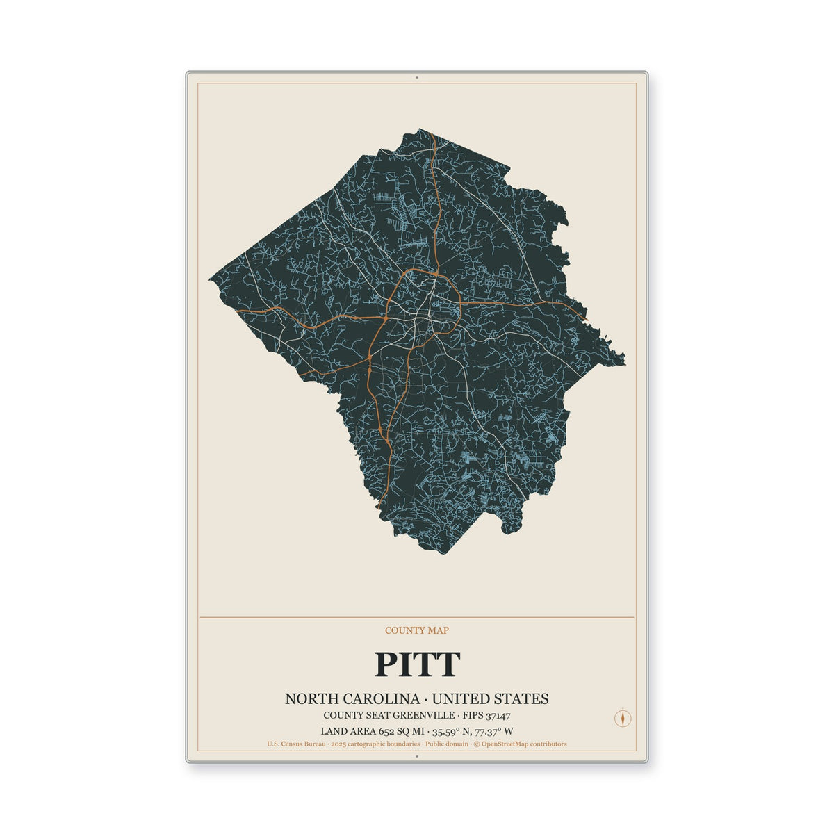 Pitt County, North Carolina Map Aluminum Sign in Headline Atlas style