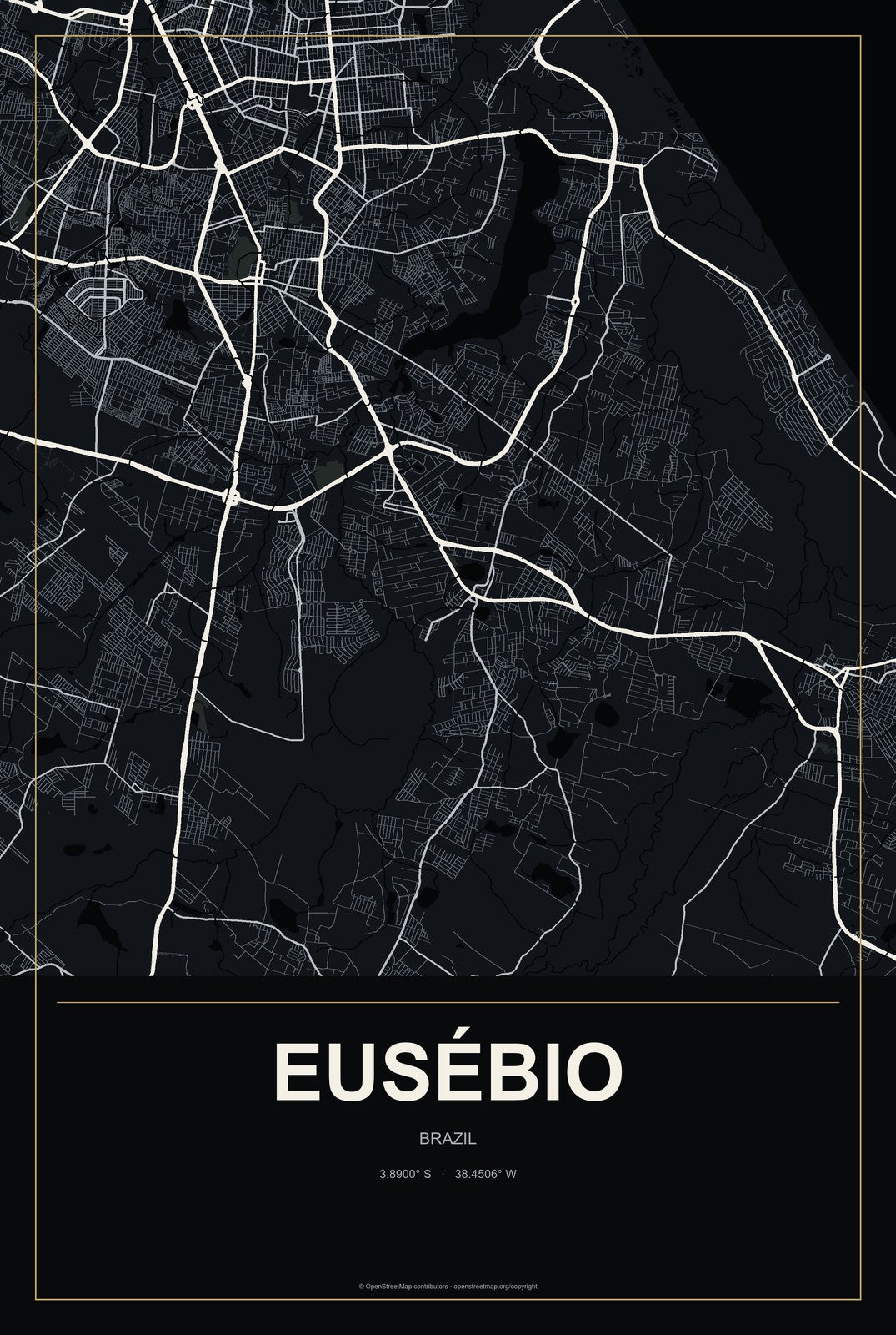 Eusébio, Brazil City Map Aluminum Sign in Metropolitan Noir style