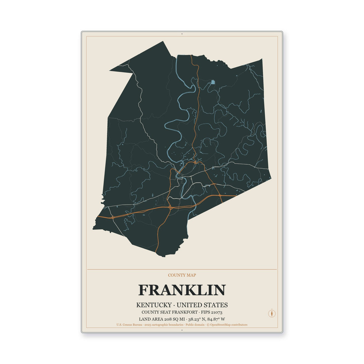 Franklin County, Kentucky Map Aluminum Sign in Headline Atlas style