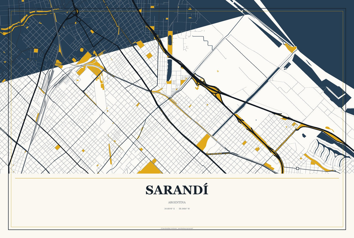 Sarandí, Argentina City Map Aluminum Sign in Citrine Modern style