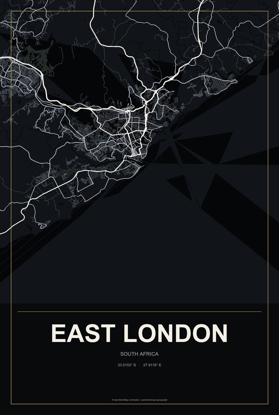 East London, South Africa City Map Aluminum Sign in Metropolitan Noir style