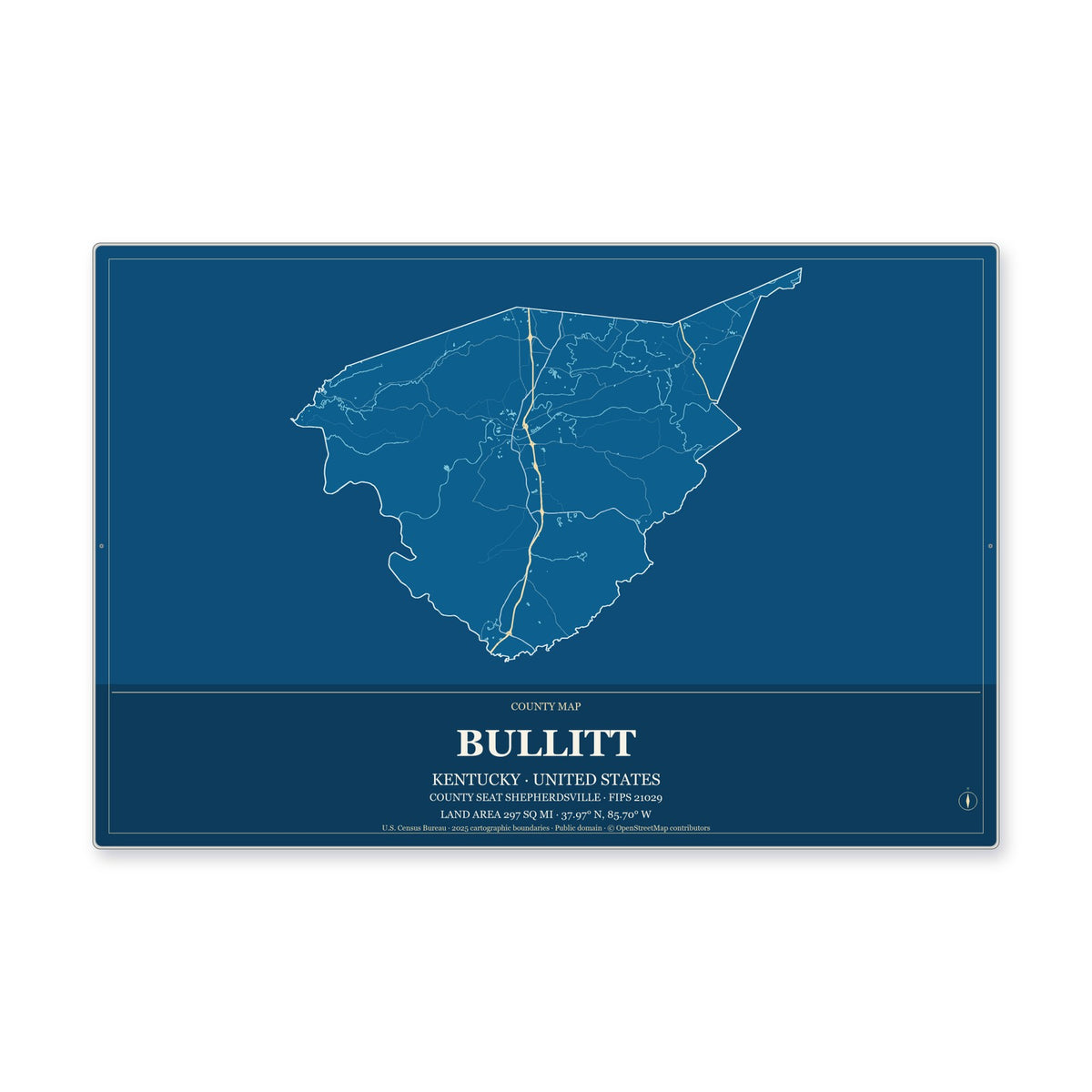 Bullitt County, Kentucky Map Aluminum Sign in Harbor Cobalt style