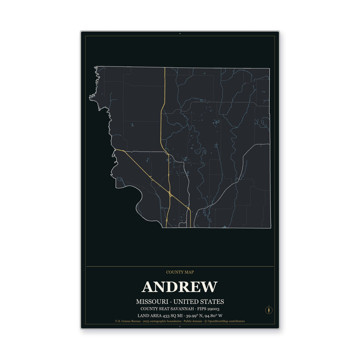 Andrew County, Missouri Map Aluminum Sign in Metropolitan Noir style