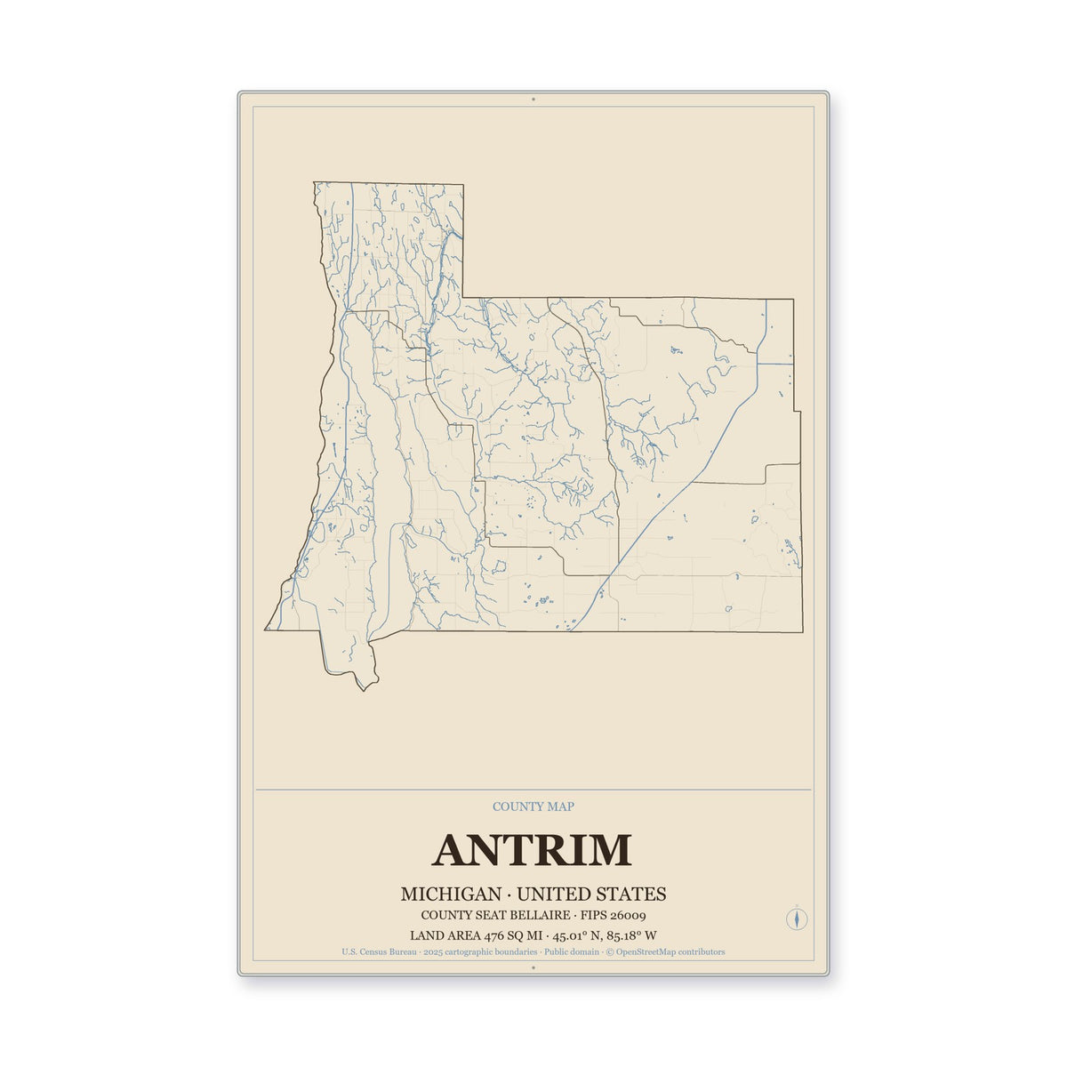 Antrim County, Michigan Map Aluminum Sign in Heritage Nautical style