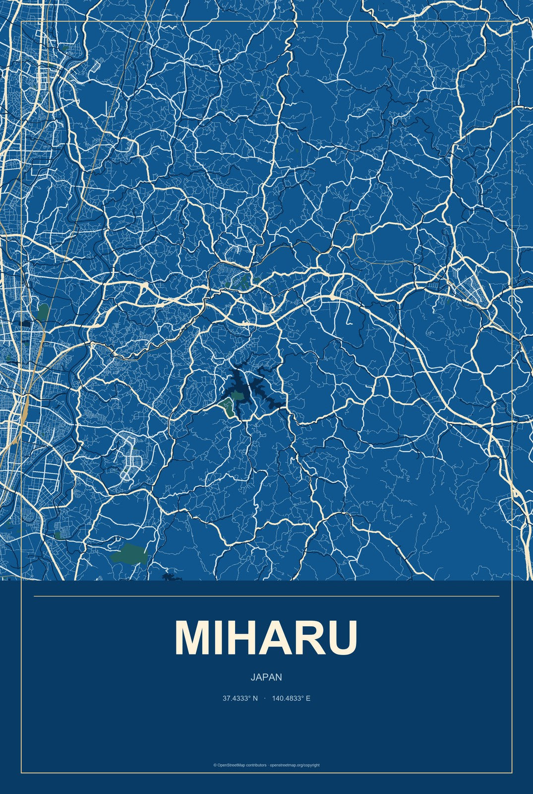 Miharu, Japan City Map Aluminum Sign in Harbor Cobalt style