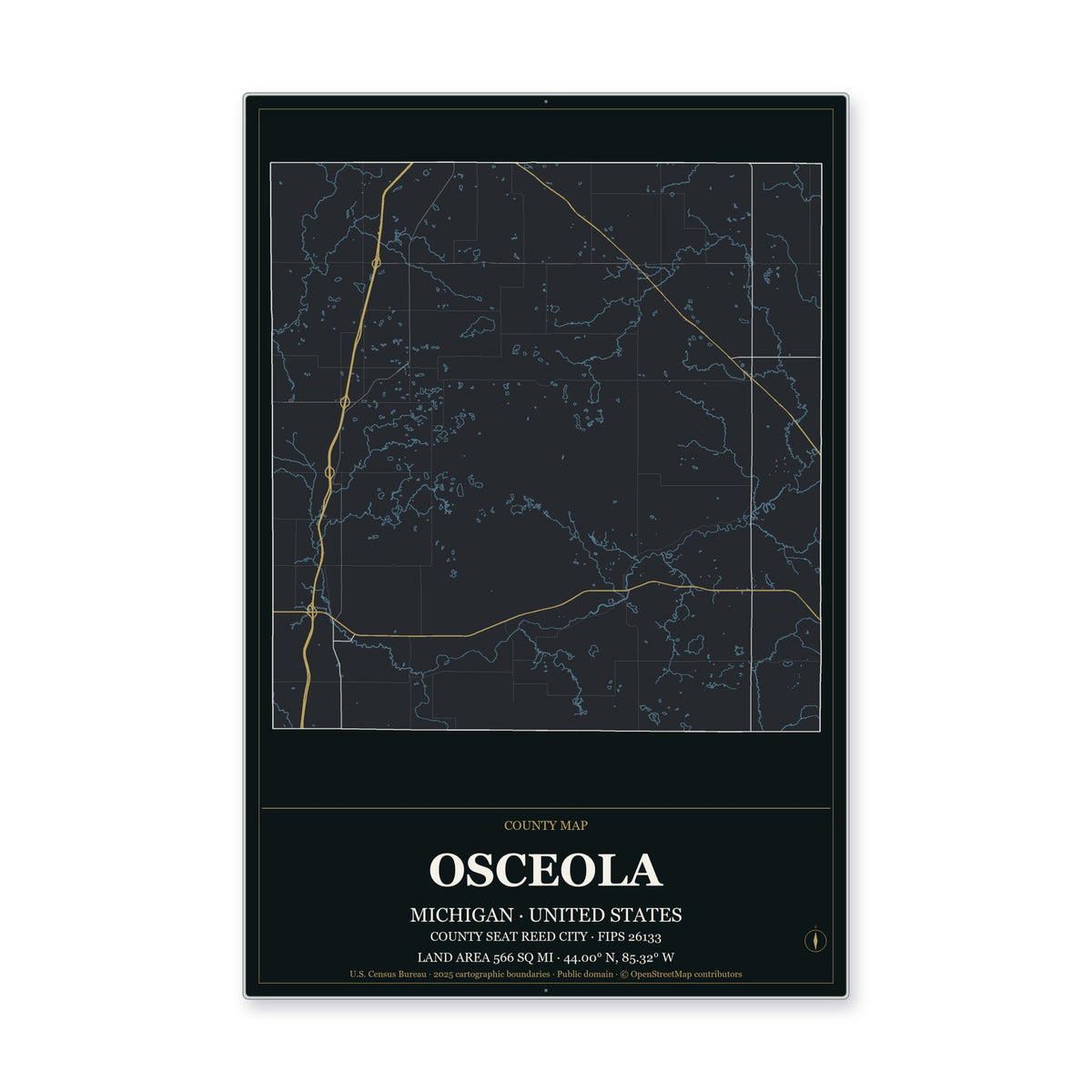 Osceola County, Michigan Map Aluminum Sign in Metropolitan Noir style
