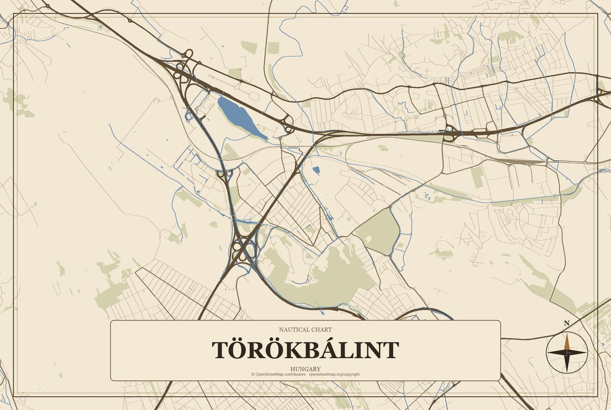 Törökbálint, Hungary City Map Aluminum Sign in Heritage Nautical style