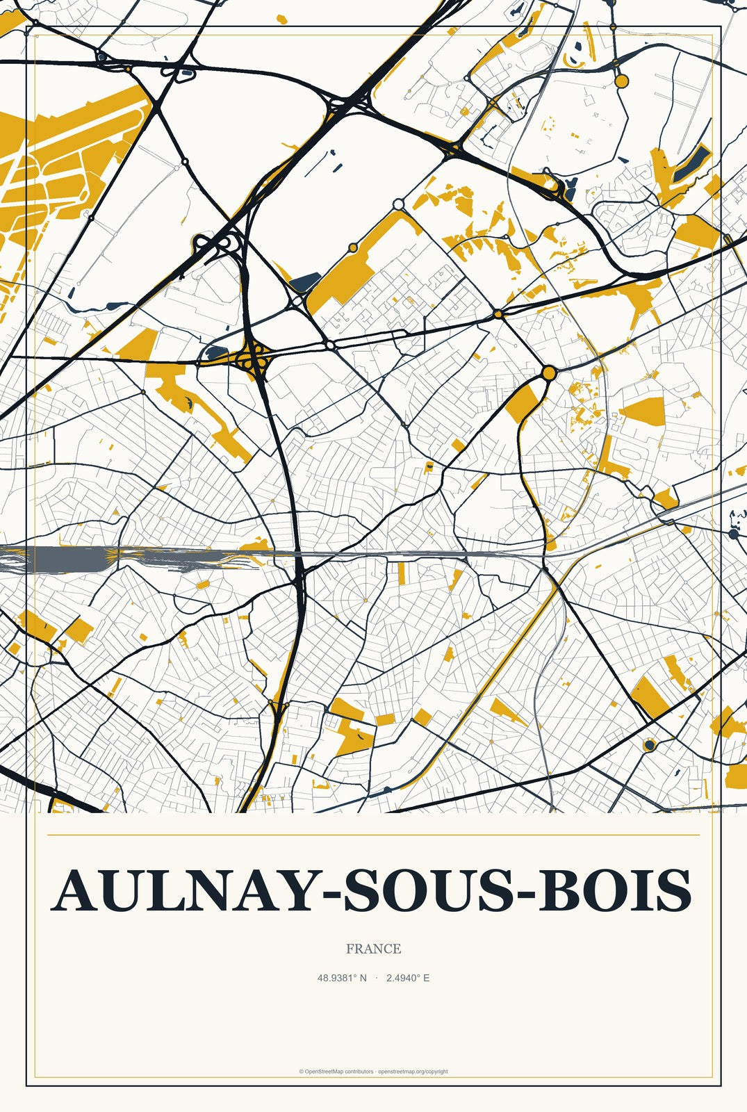 Aulnay-sous-Bois, France City Map Aluminum Sign in Citrine Modern style
