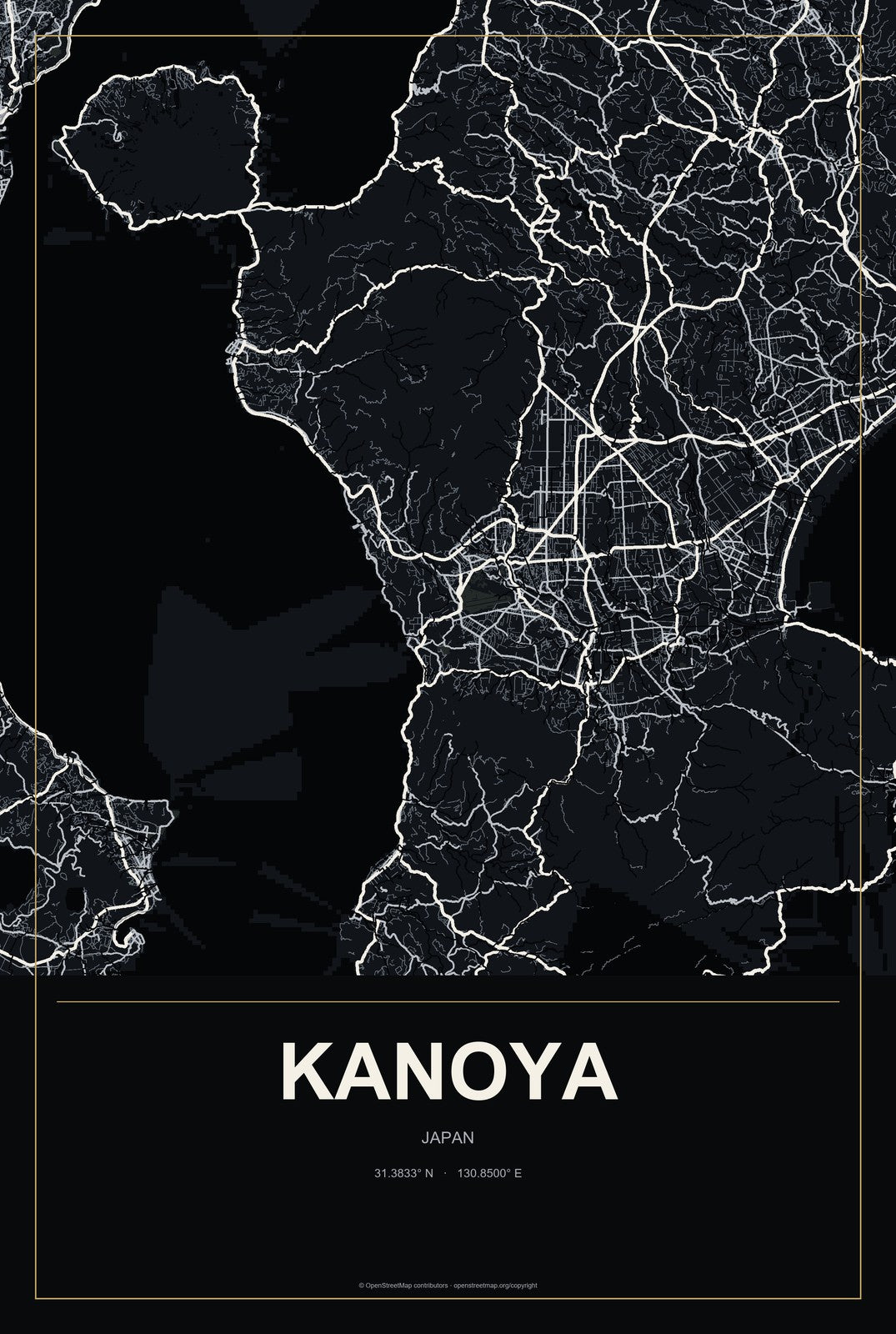 Kanoya, Japan City Map Aluminum Sign in Metropolitan Noir style