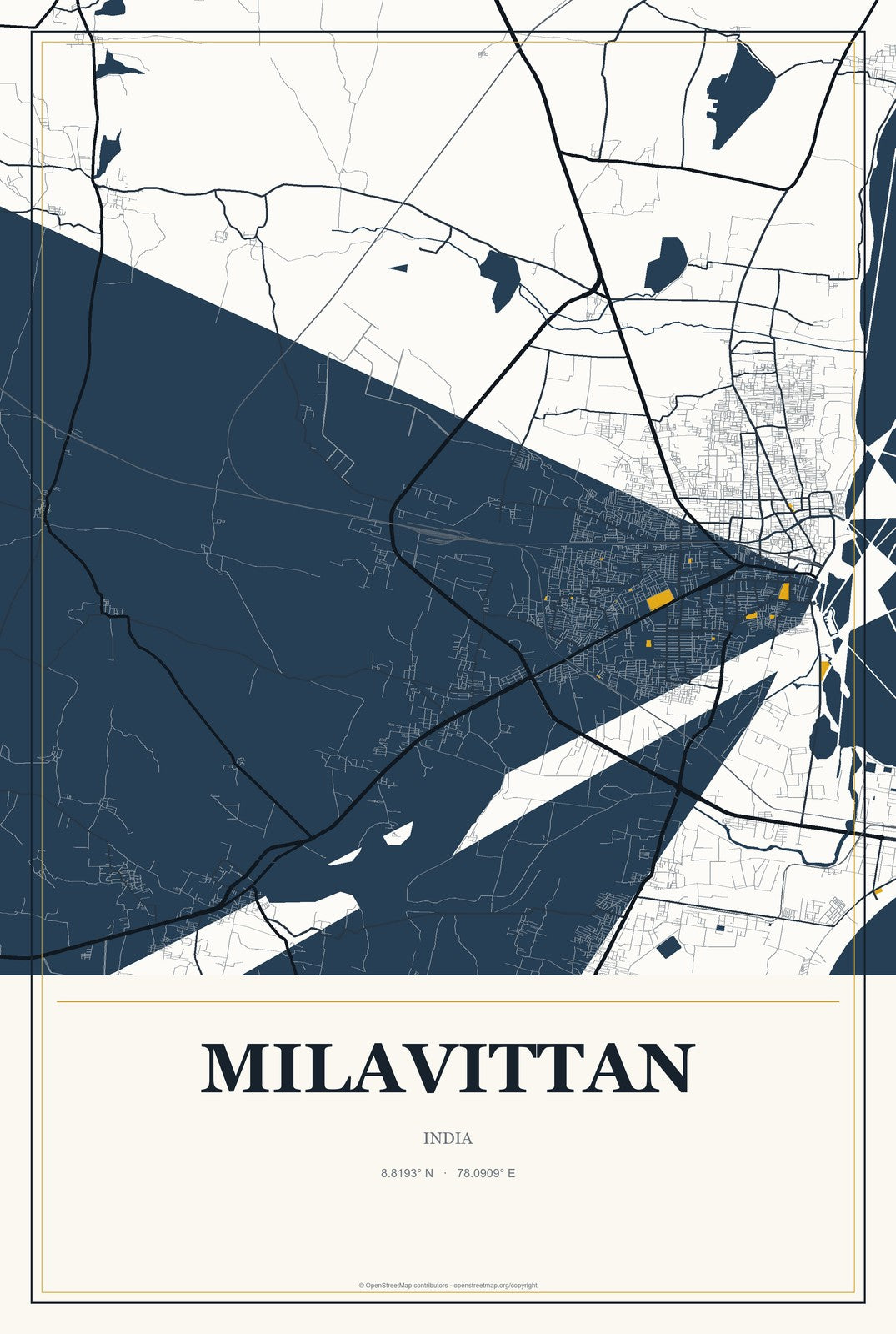 Milavittan, India City Map Aluminum Sign in Citrine Modern style