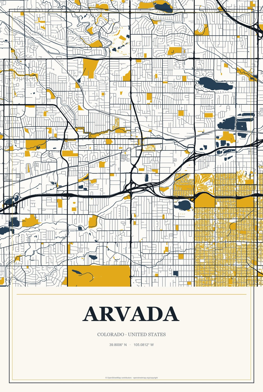 Arvada, Colorado City Map Aluminum Sign in Citrine Modern style