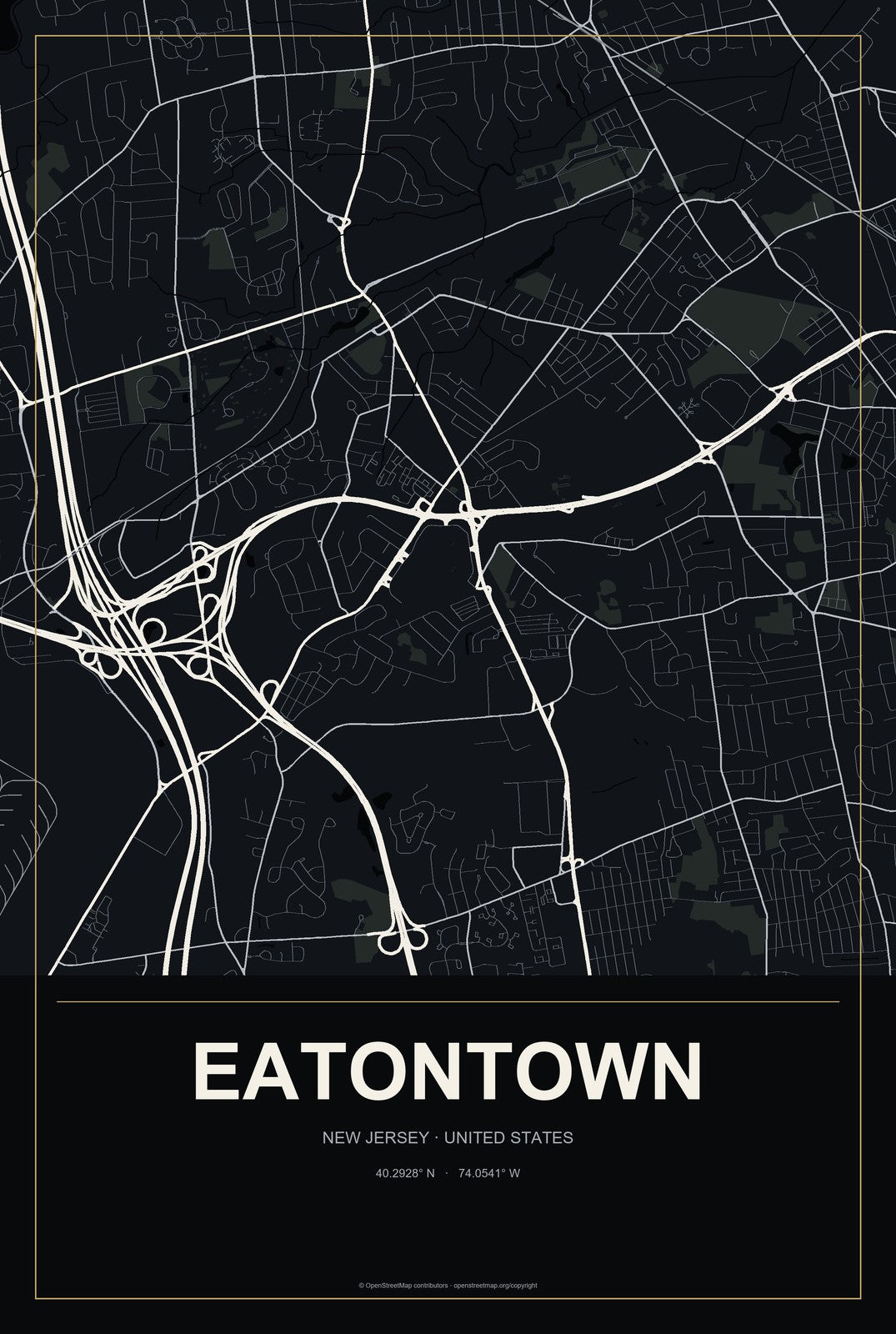 Eatontown, New Jersey City Map Aluminum Sign in Metropolitan Noir style