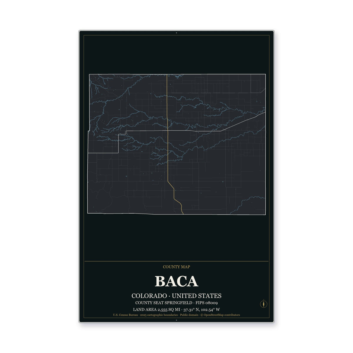Baca County, Colorado Map Aluminum Sign in Metropolitan Noir style