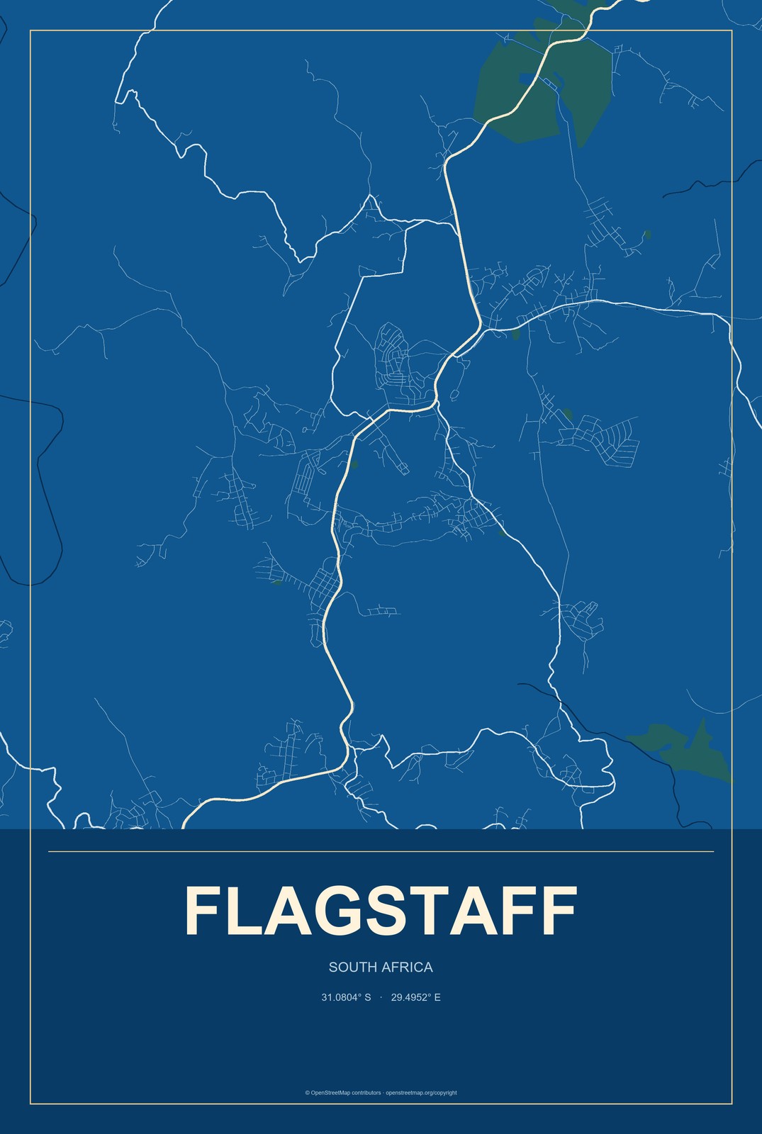 Flagstaff, South Africa City Map Aluminum Sign in Harbor Cobalt style