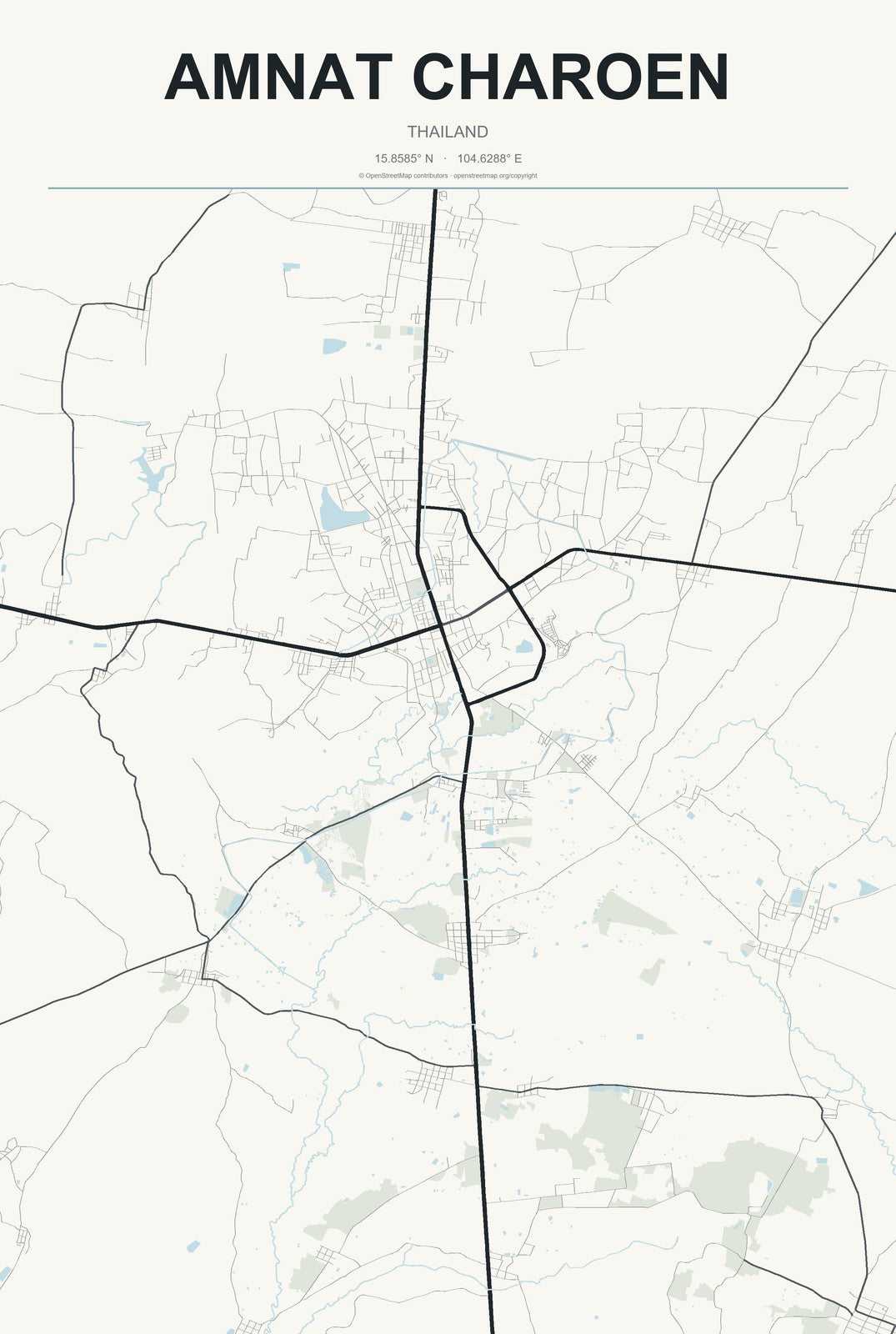 Amnat Charoen, Thailand City Map Aluminum Sign in Headline Atlas style