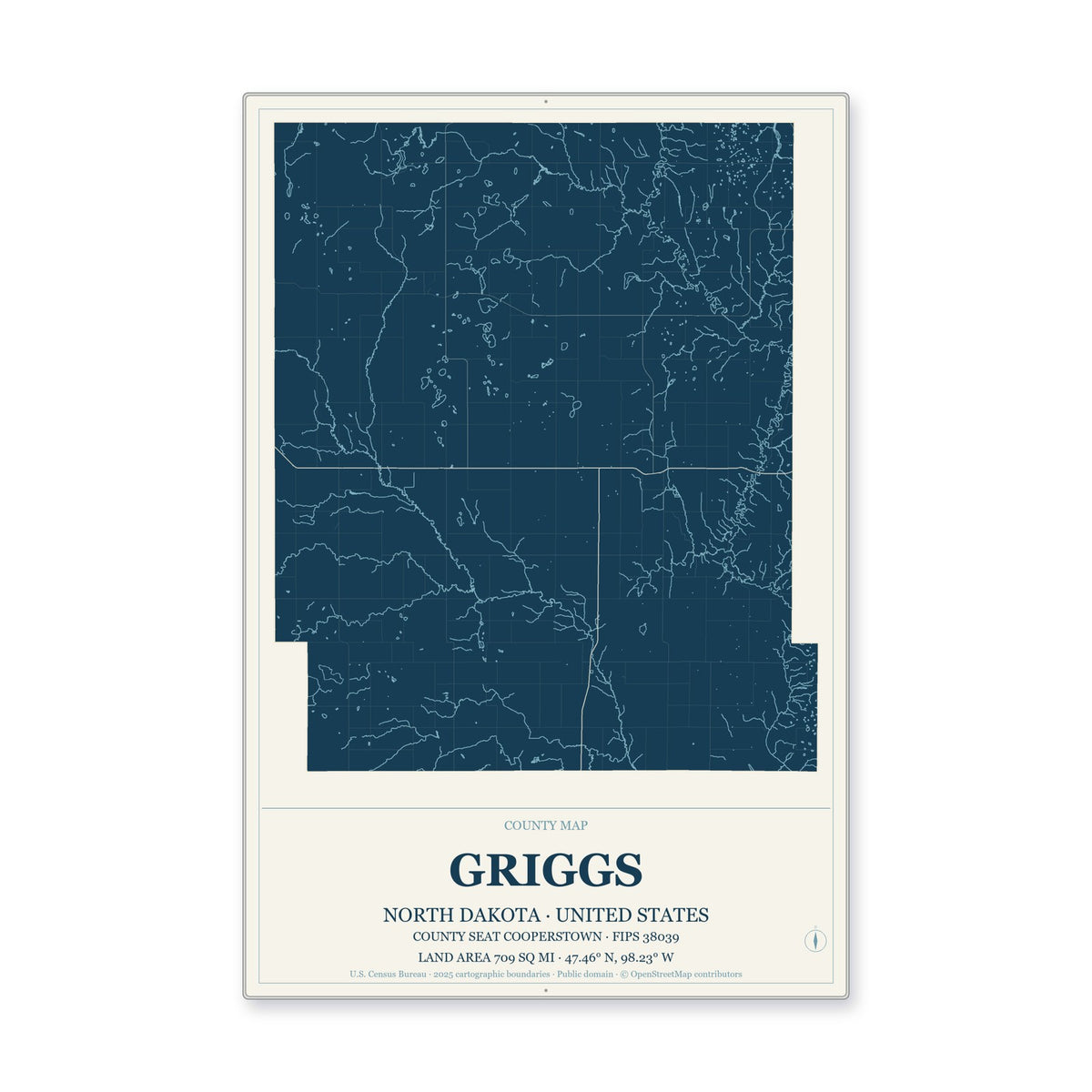 Griggs County, North Dakota Map Aluminum Sign in Coastal Cutout style