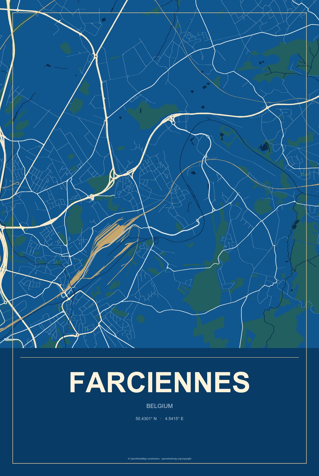 Farciennes, Belgium City Map Aluminum Sign in Harbor Cobalt style