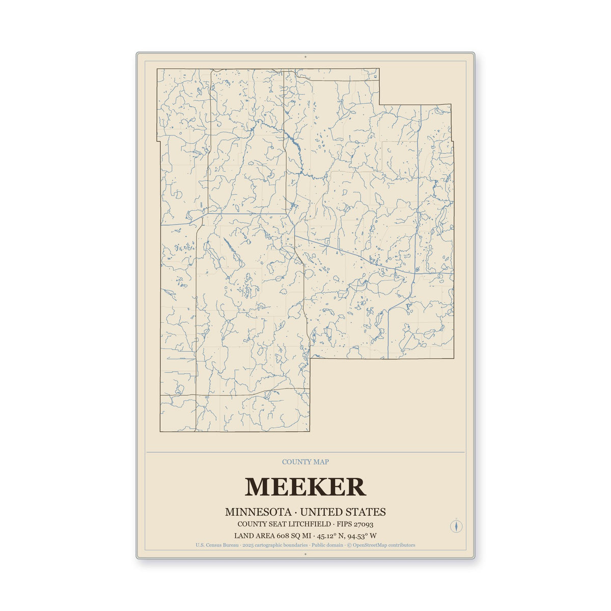 Meeker County, Minnesota Map Aluminum Sign in Heritage Nautical style