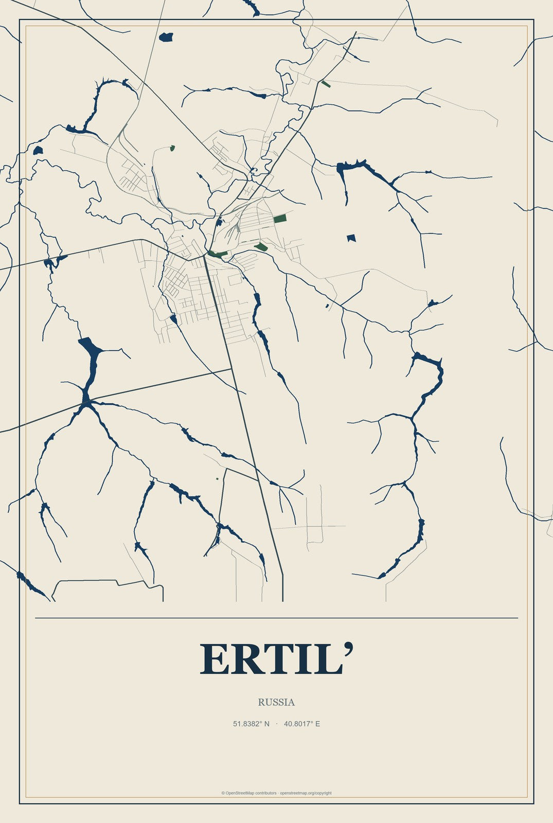 Ertil’, Russia City Map Aluminum Sign in Coastal Cutout style