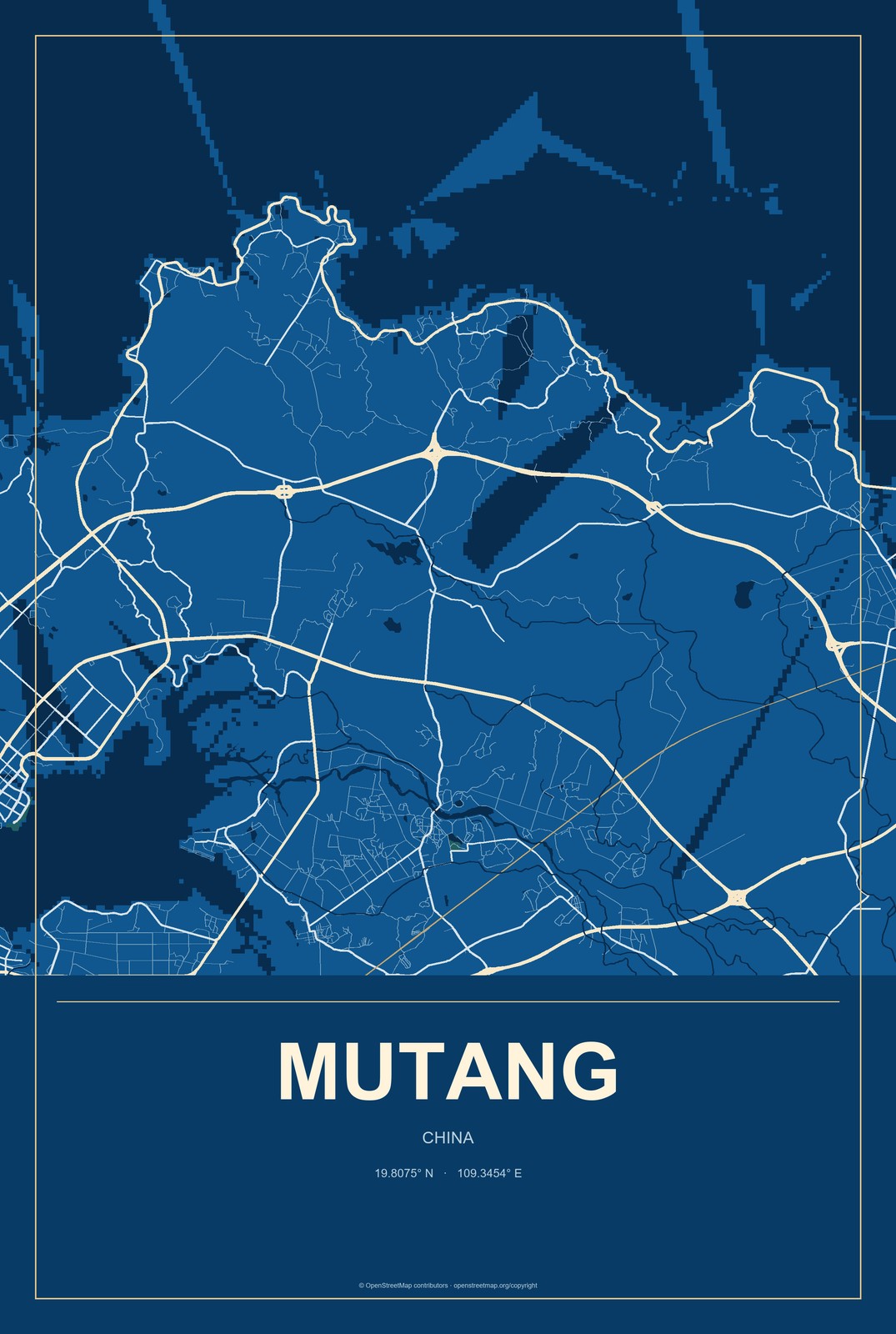 Mutang, China City Map Aluminum Sign in Harbor Cobalt style