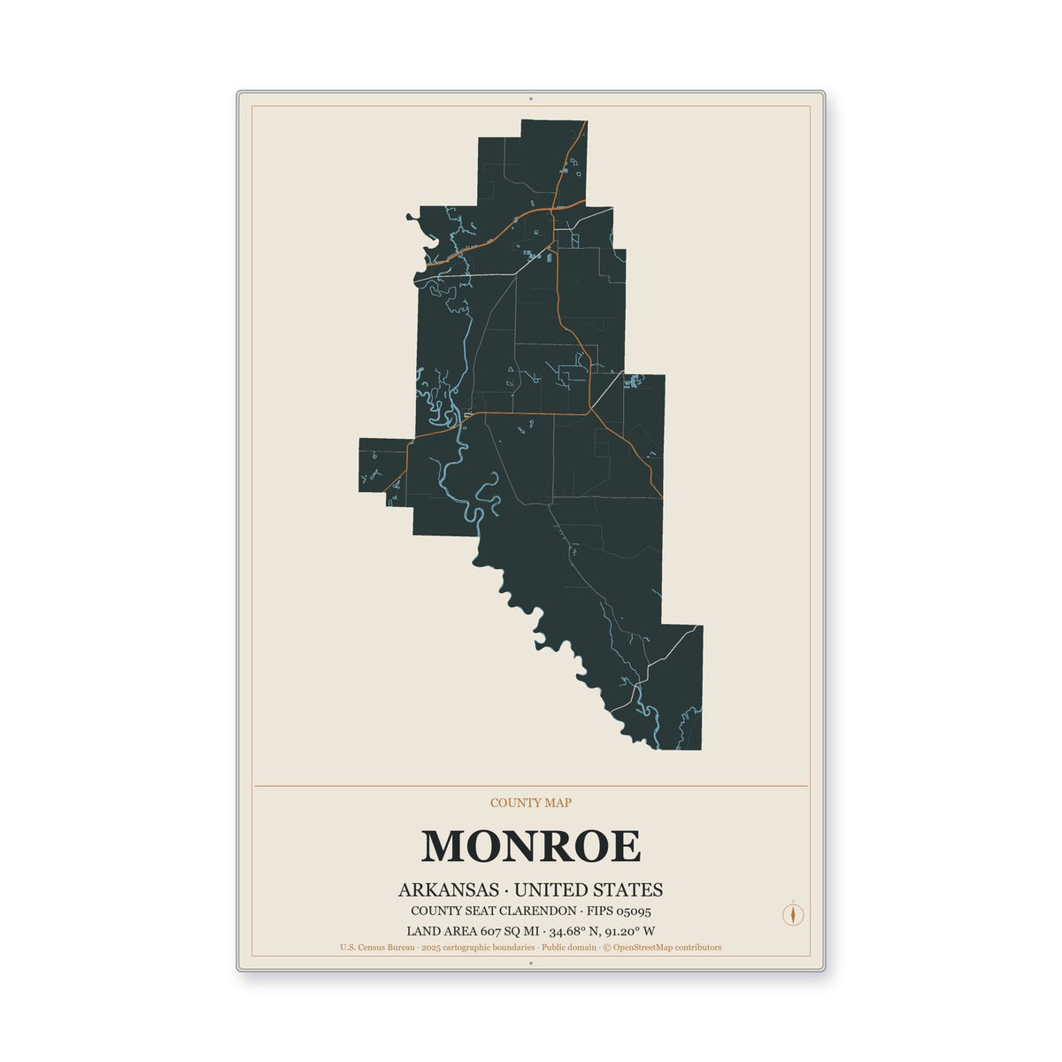 Monroe County, Arkansas Map Aluminum Sign in Headline Atlas style