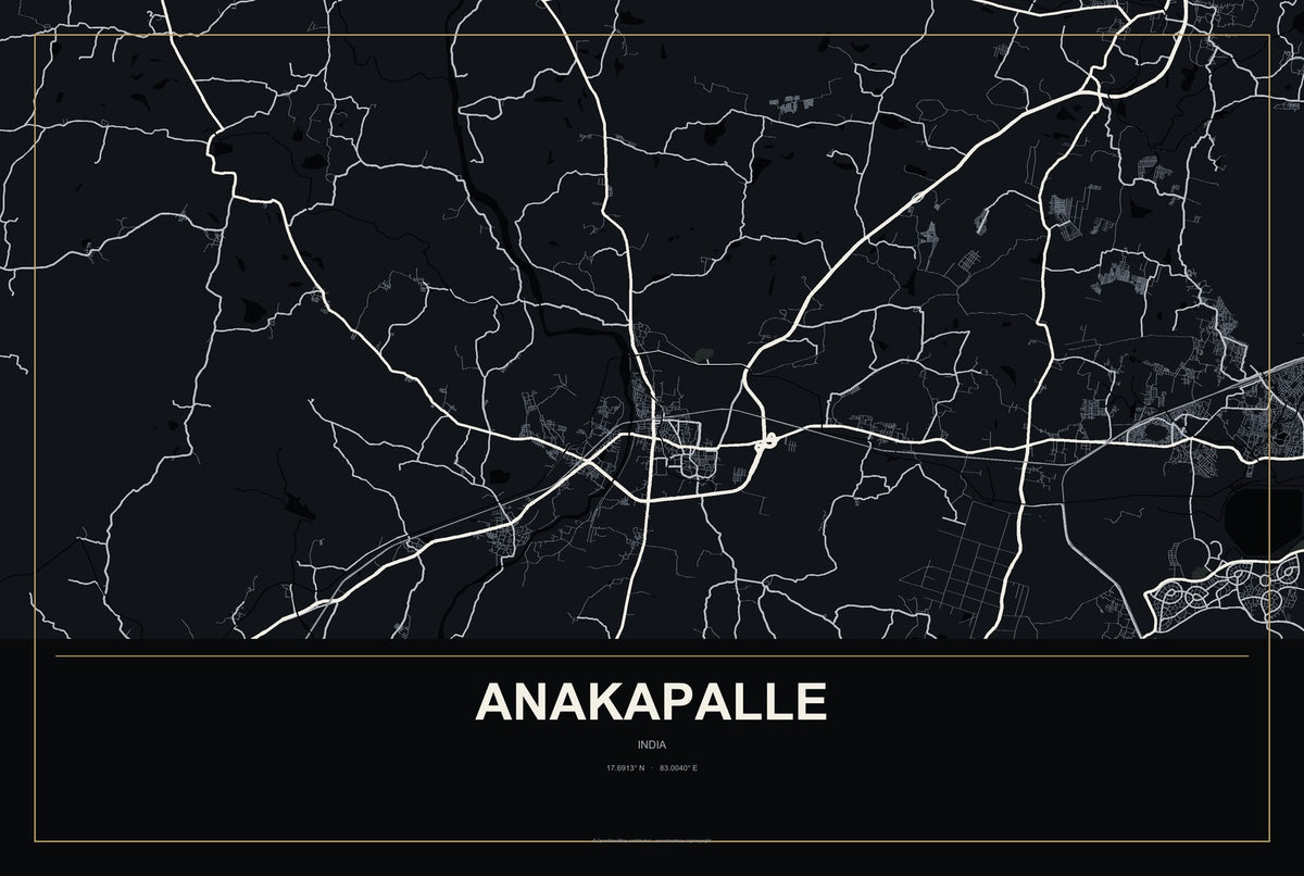 Anakapalle, India City Map Aluminum Sign in Metropolitan Noir style