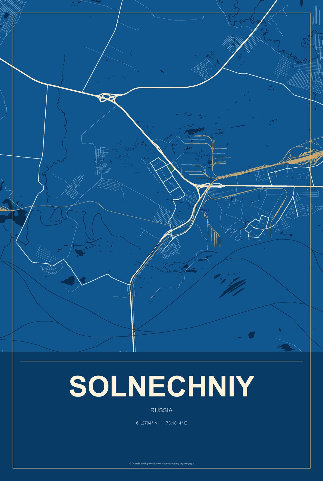 Solnechniy, Russia City Map Aluminum Sign in Harbor Cobalt style
