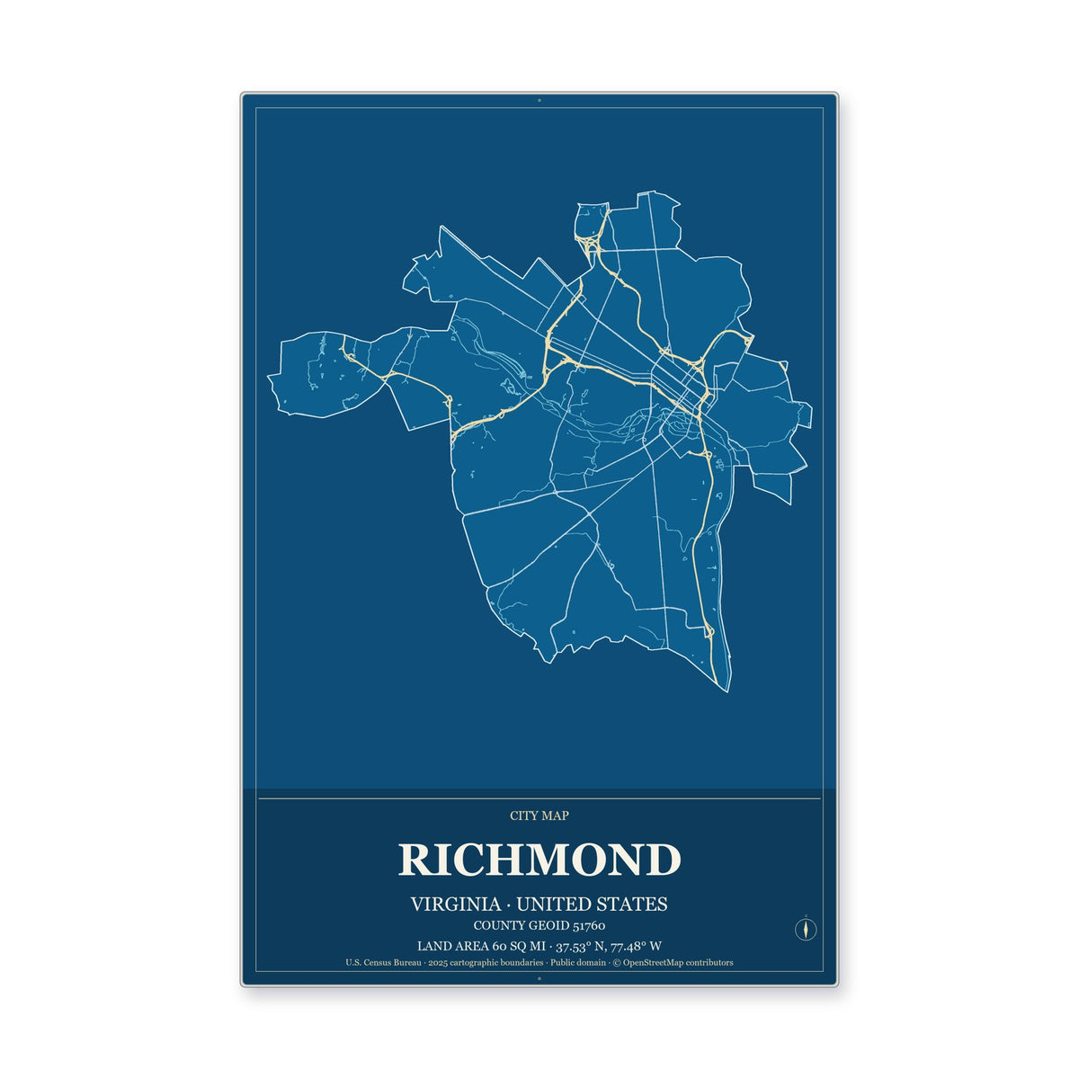 Richmond city, Virginia Map Aluminum Sign in Harbor Cobalt style