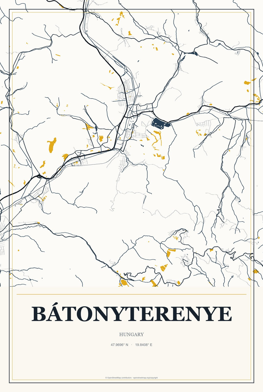 Bátonyterenye, Hungary City Map Aluminum Sign in Citrine Modern style