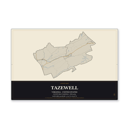 Tazewell County, Virginia Map Aluminum Sign in Museum Plaque style