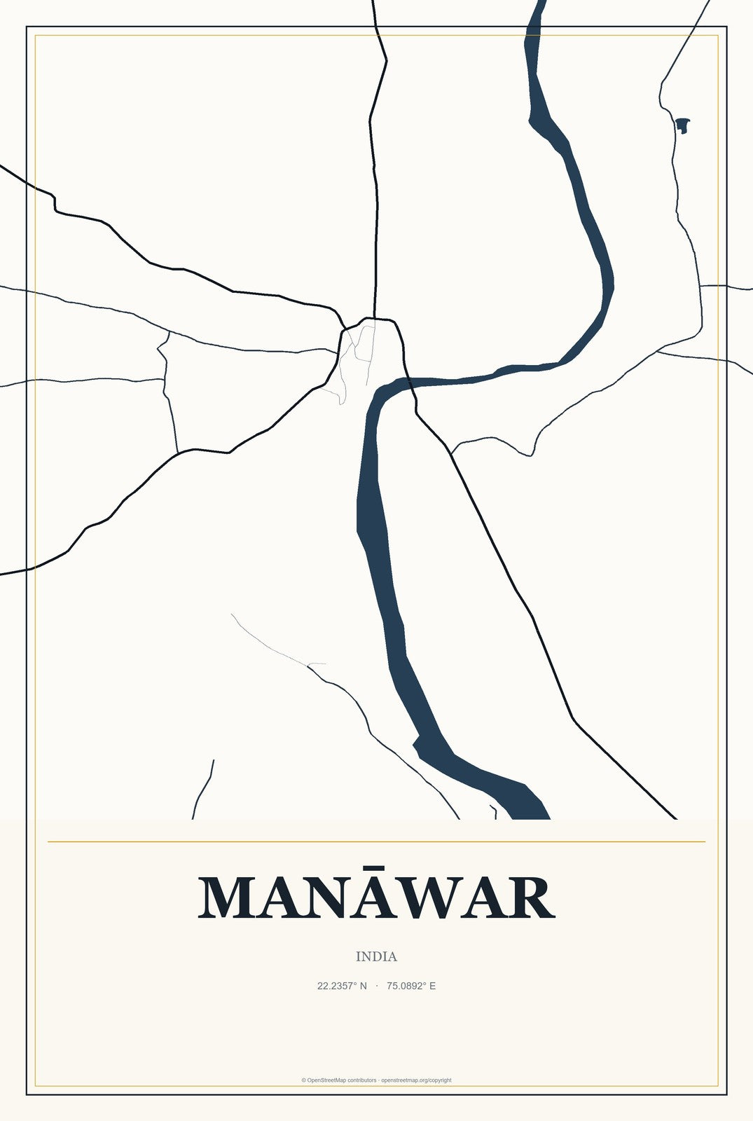 Manāwar, India City Map Aluminum Sign in Citrine Modern style