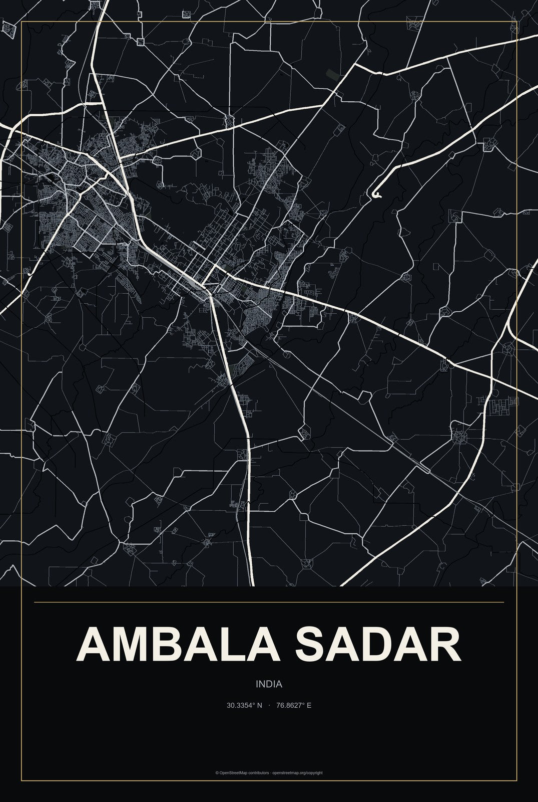Ambala Sadar, India City Map Aluminum Sign in Metropolitan Noir style