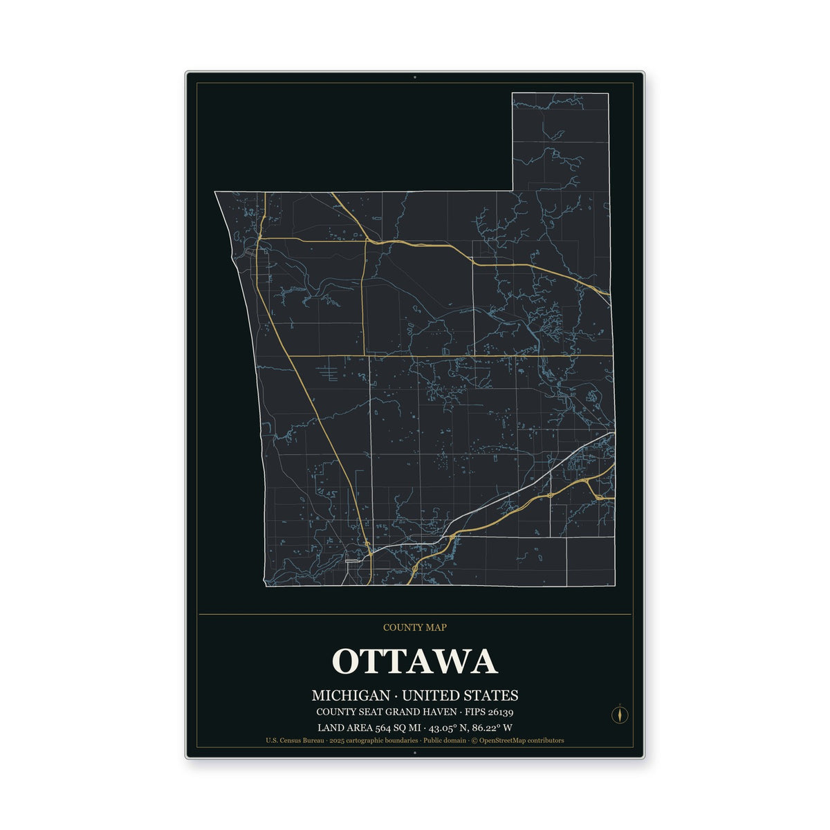 Ottawa County, Michigan Map Aluminum Sign in Metropolitan Noir style