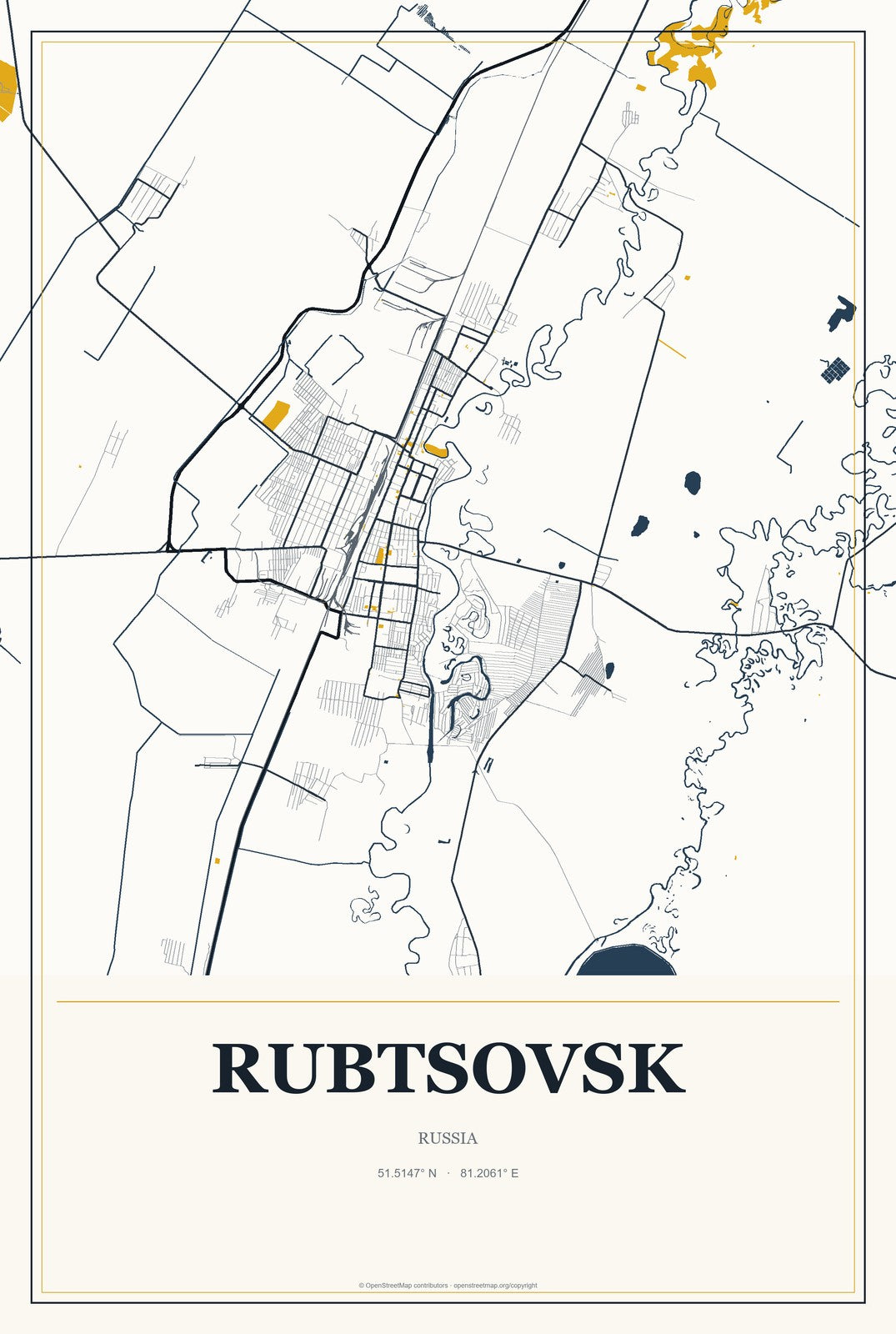 Rubtsovsk, Russia City Map Aluminum Sign in Citrine Modern style