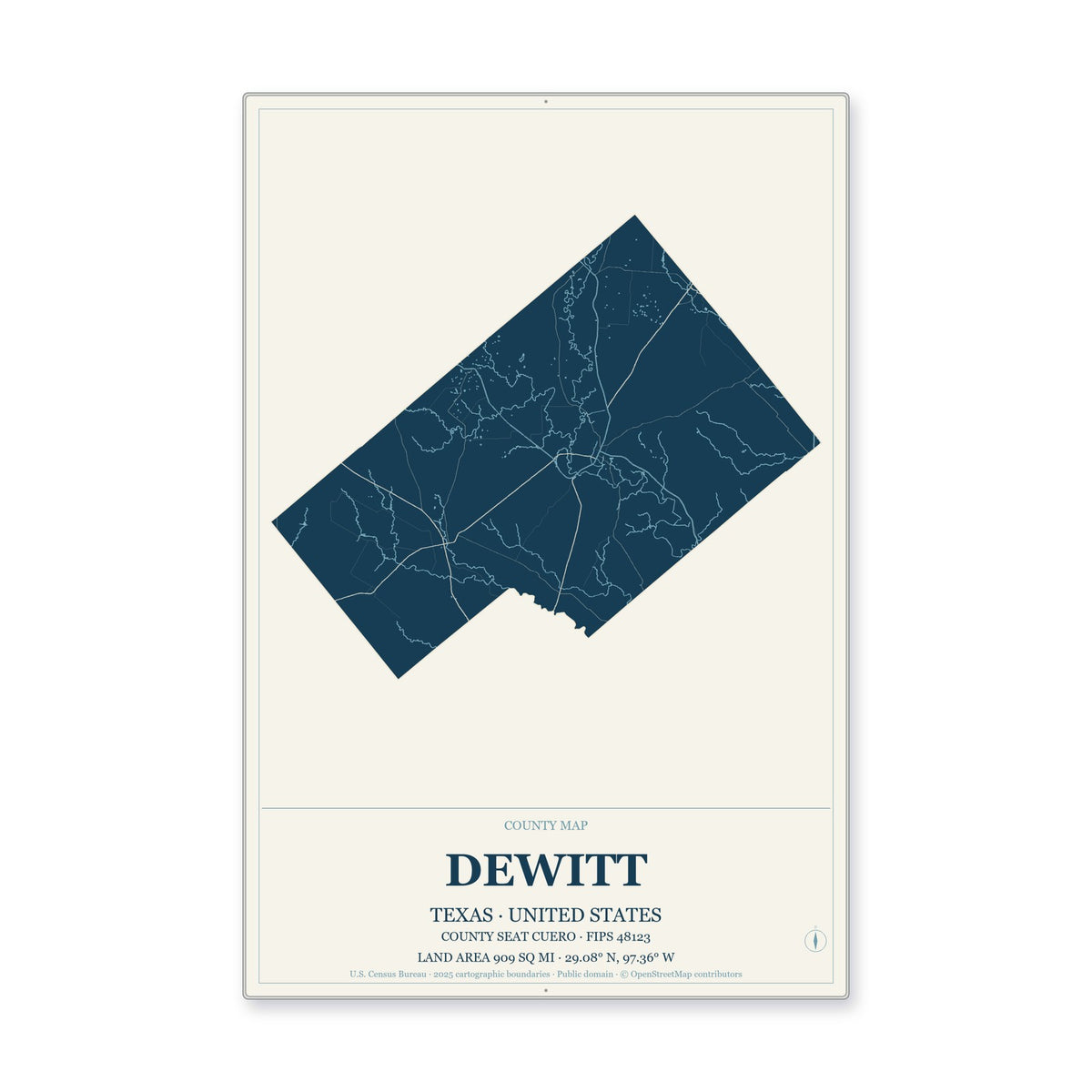 DeWitt County, Texas Map Aluminum Sign in Coastal Cutout style