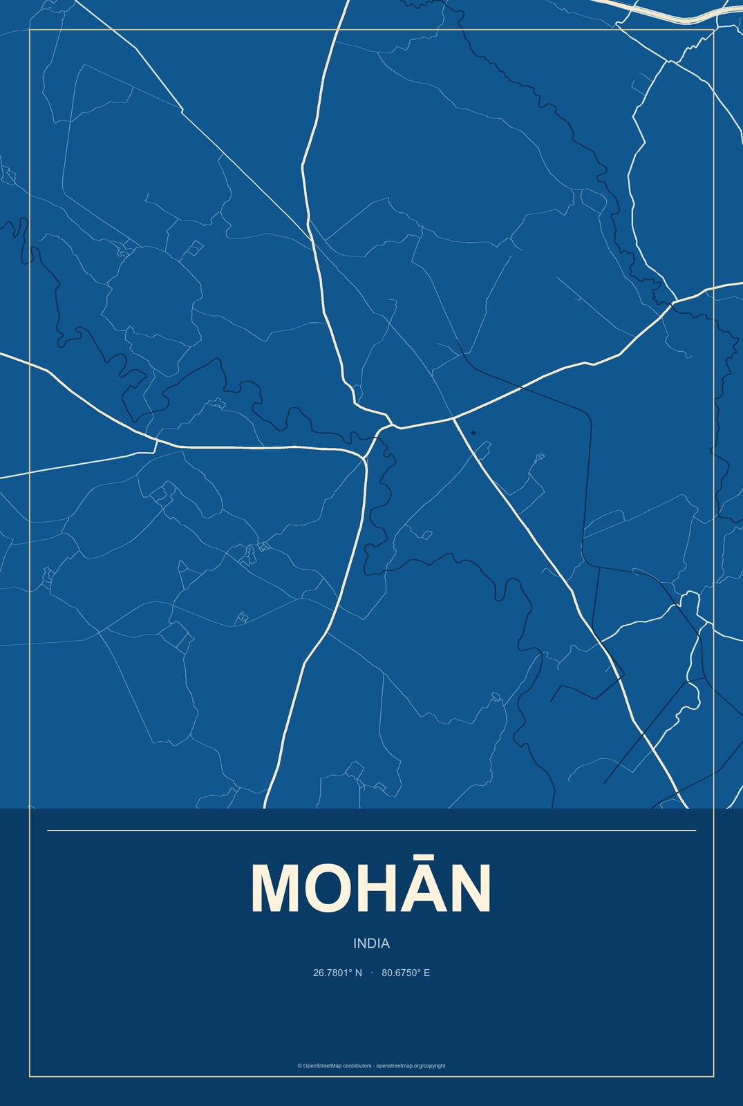 Mohān, India City Map Aluminum Sign in Harbor Cobalt style