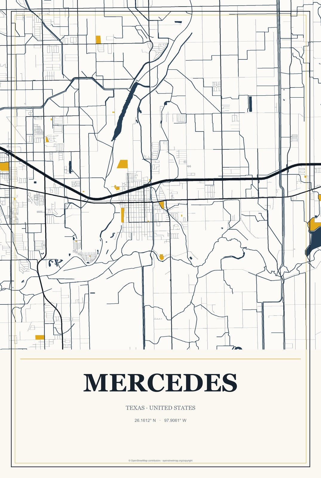 Mercedes, Texas City Map Aluminum Sign in Citrine Modern style