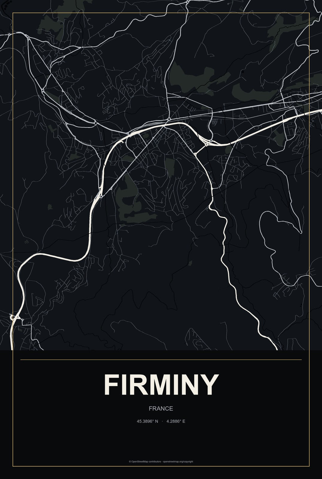 Firminy, France City Map Aluminum Sign in Metropolitan Noir style