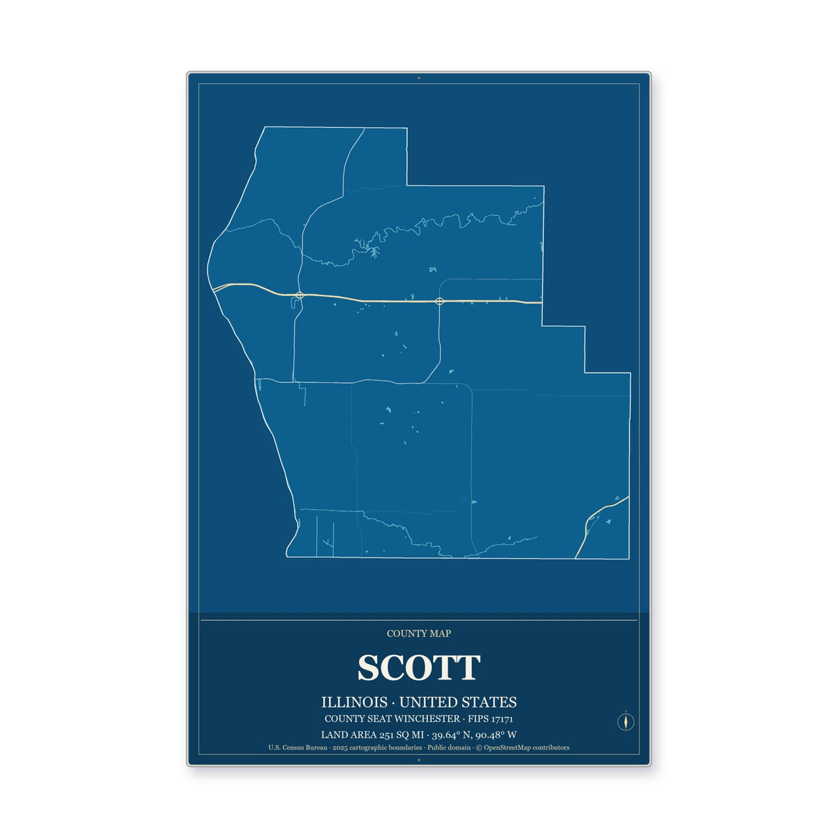 Scott County, Illinois Map Aluminum Sign in Harbor Cobalt style