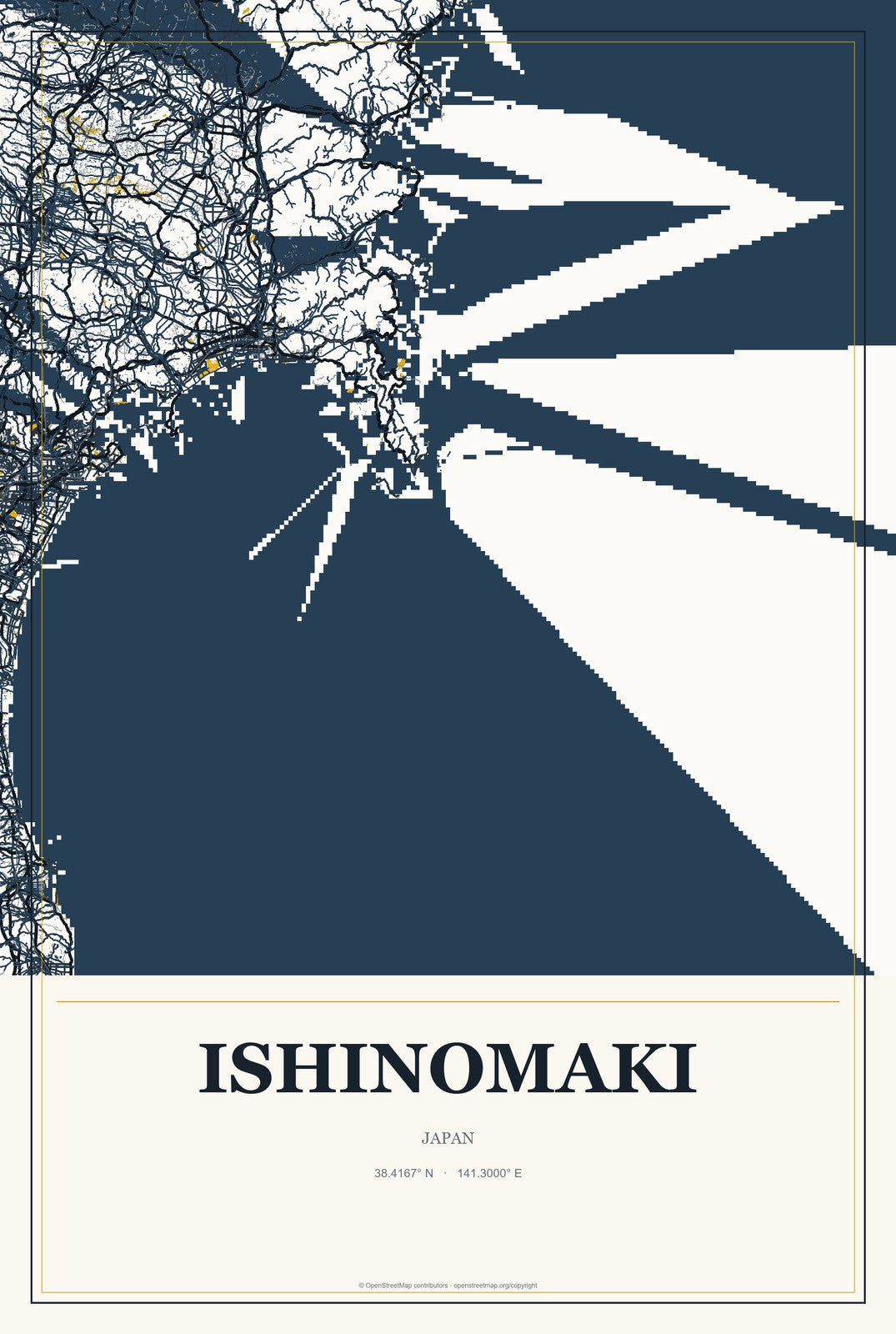 Ishinomaki, Japan City Map Aluminum Sign in Citrine Modern style