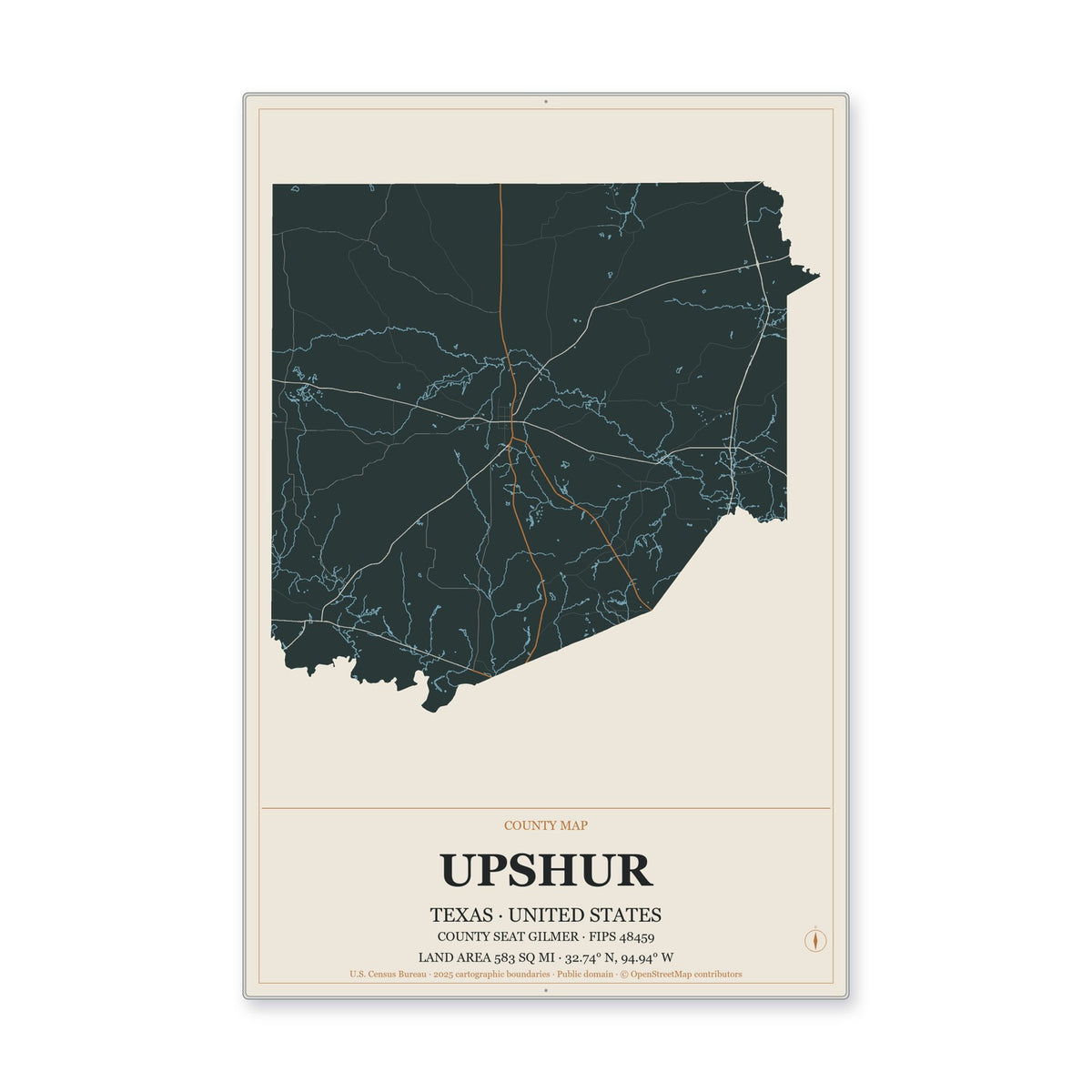 Upshur County, Texas Map Aluminum Sign in Headline Atlas style