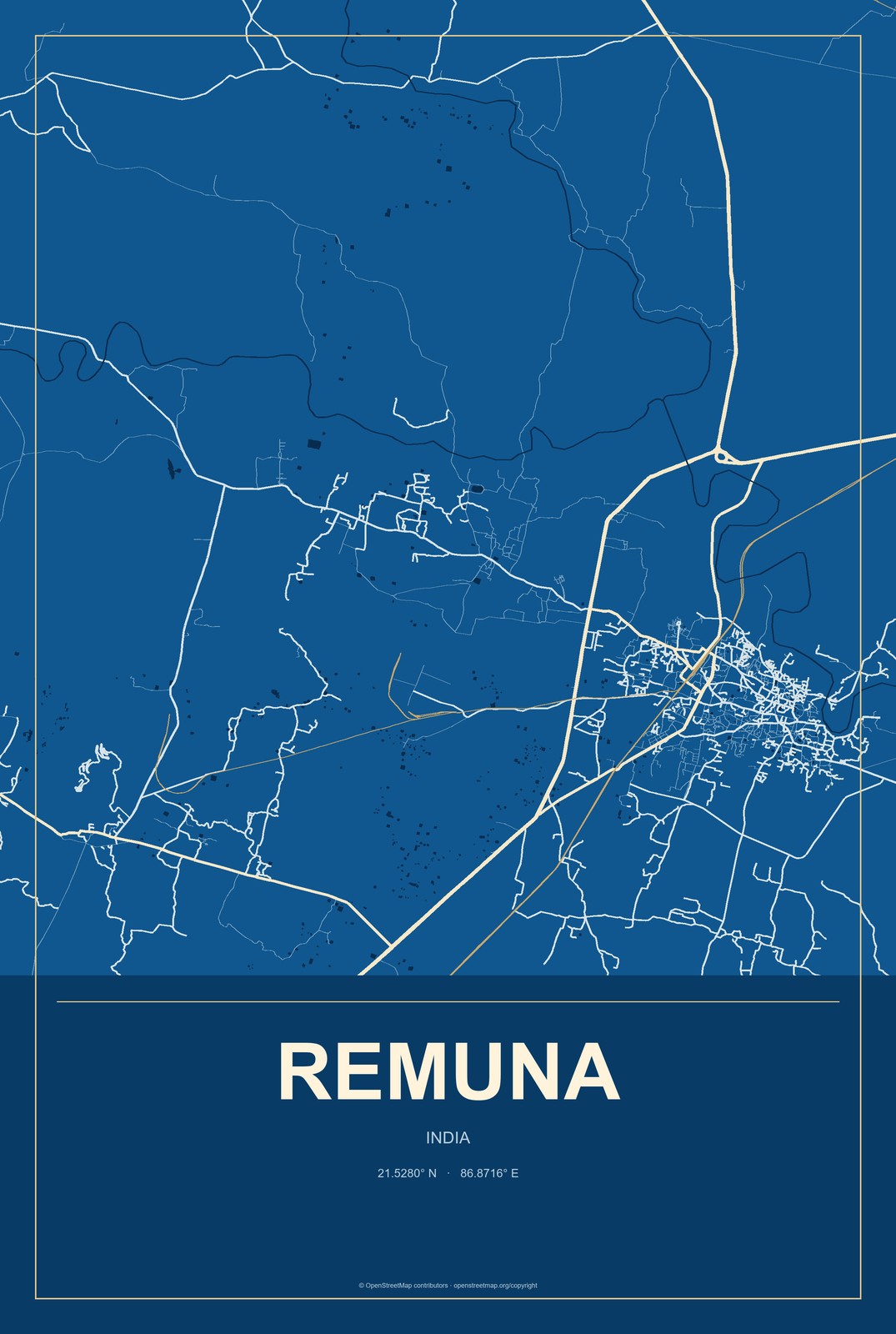 Remuna, India City Map Aluminum Sign in Harbor Cobalt style
