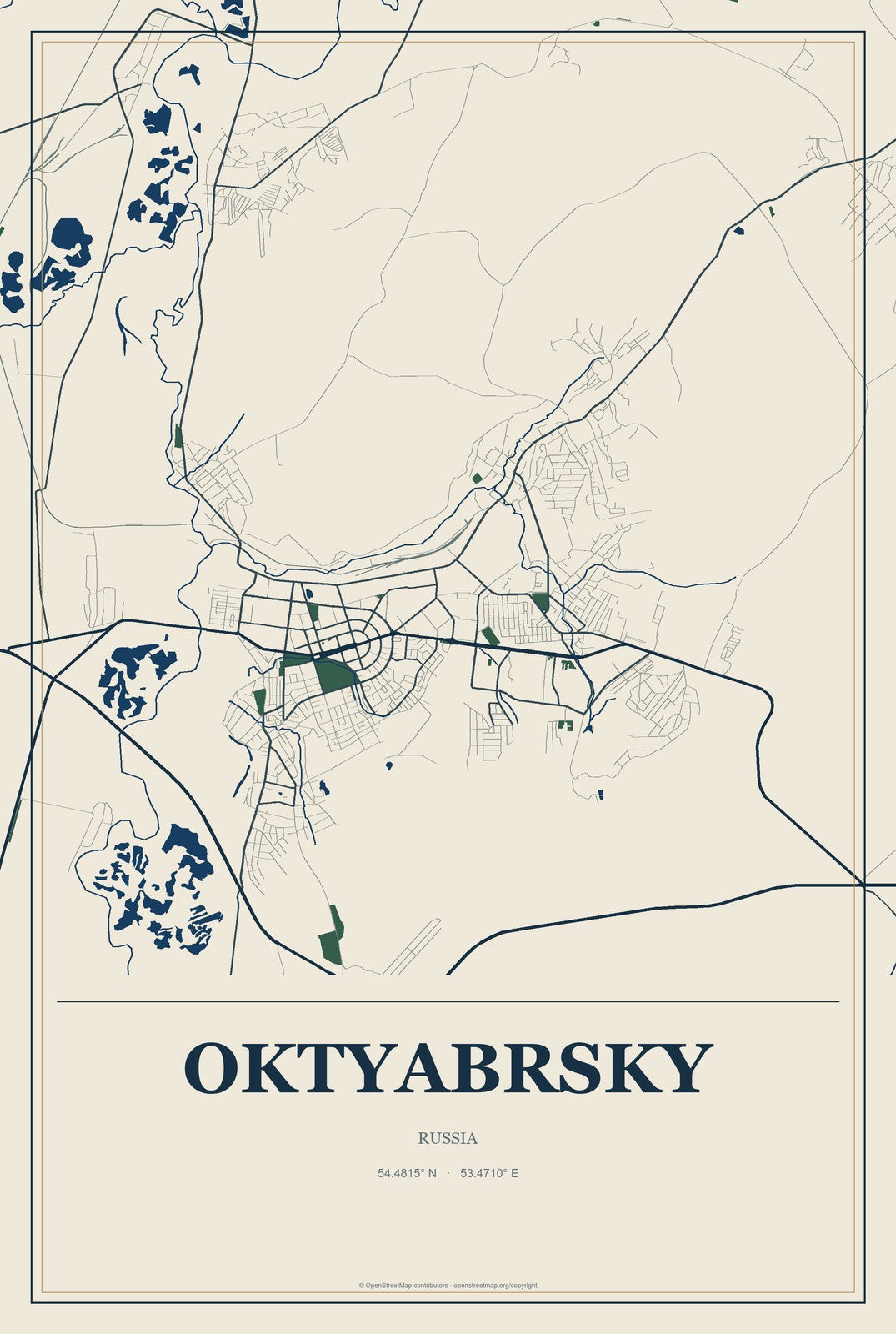 Oktyabrsky, Russia City Map Aluminum Sign in Coastal Cutout style