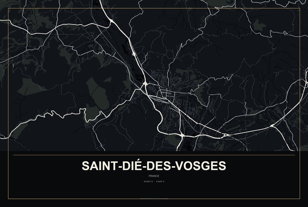 Saint-Dié-des-Vosges, France City Map Aluminum Sign in Metropolitan Noir style