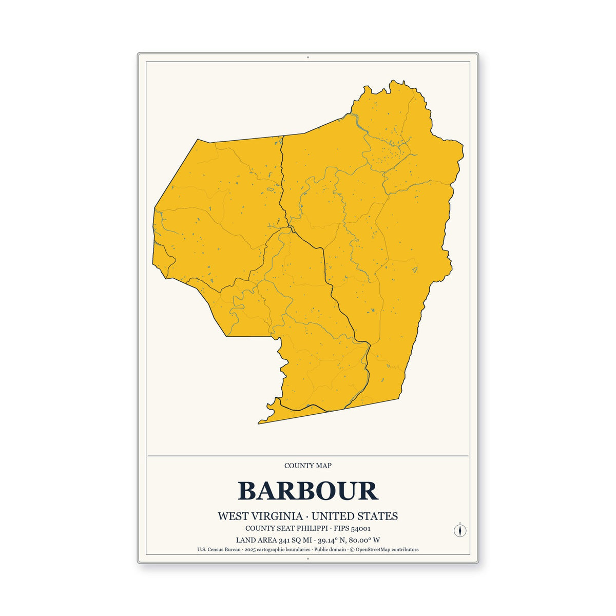 Barbour County, West Virginia Map Aluminum Sign in Citrine Modern style