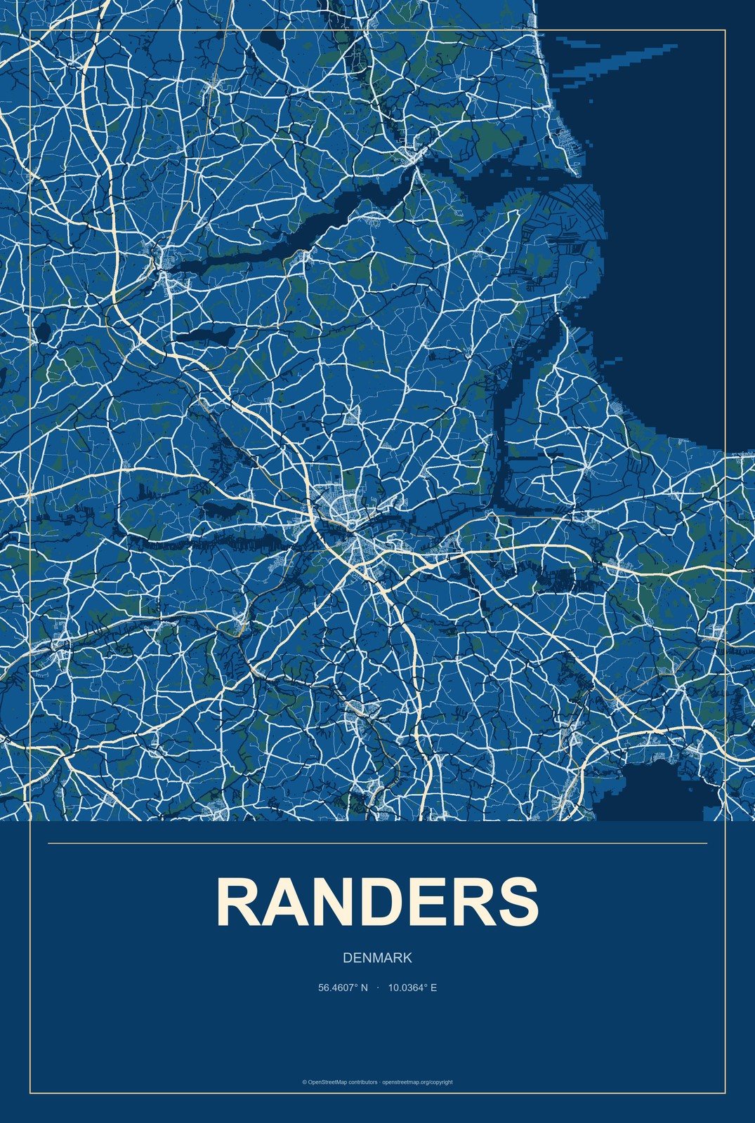 Randers, Denmark City Map Aluminum Sign in Harbor Cobalt style
