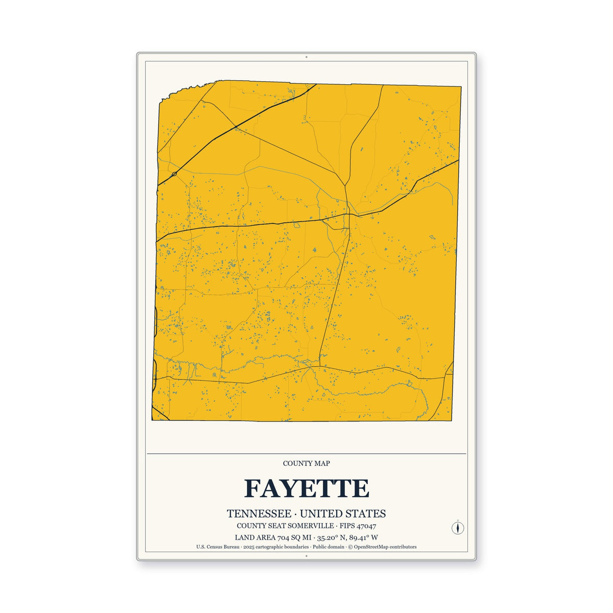 Fayette County, Tennessee Map Aluminum Sign in Citrine Modern style